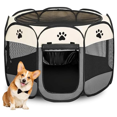 Luyizi Portable Folding Pet Dog Cage House Portable Folding Pet Dog Cage House Large Tent and Playpen, Tent Oxford Cloth Octagonal Design, Size 28.74in x 28.74in x 16.93in