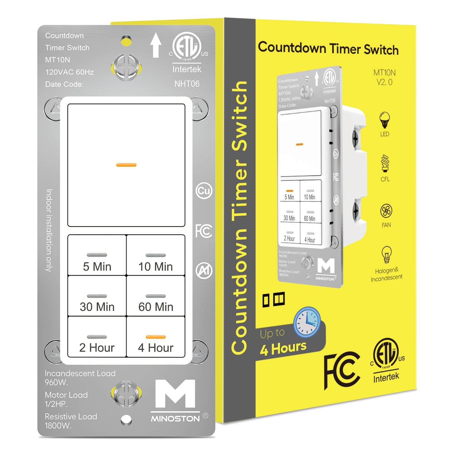 Minoston Countdown Timer Switch for Bathroom Fans and Lights, 5/10/30/60 min, 2/4 Hours, Wall Timer Switch, Neutral Wire Required, ETL & FCC Listed,