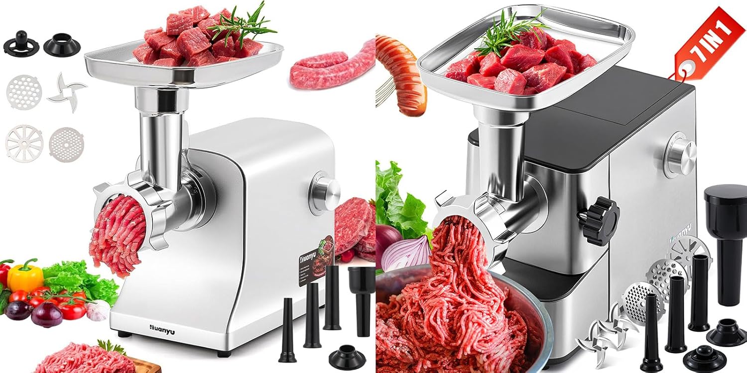 Huanyu Meat Grinder Electric 2800W Max Meat Mincer with Stainless Steel and Huanyu Meat Grinder Veggie Shredder and Ice Shaver 3200W Max Power Built-in Storage Bundle