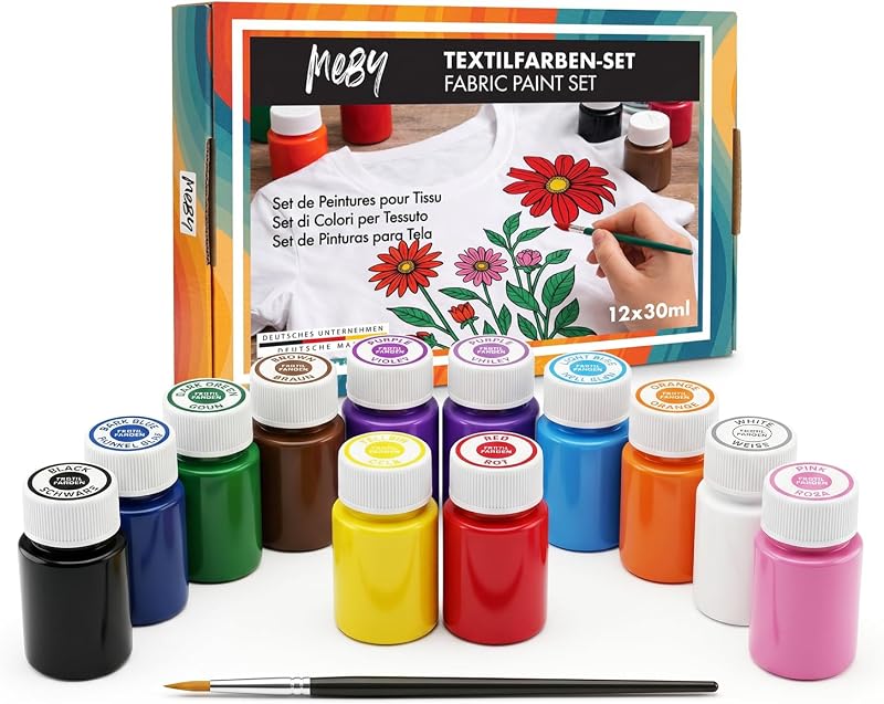 MEBY Textil Festék Készlet 12 Szín - Mosható Ruha és Táska Festékhez Ecsettel