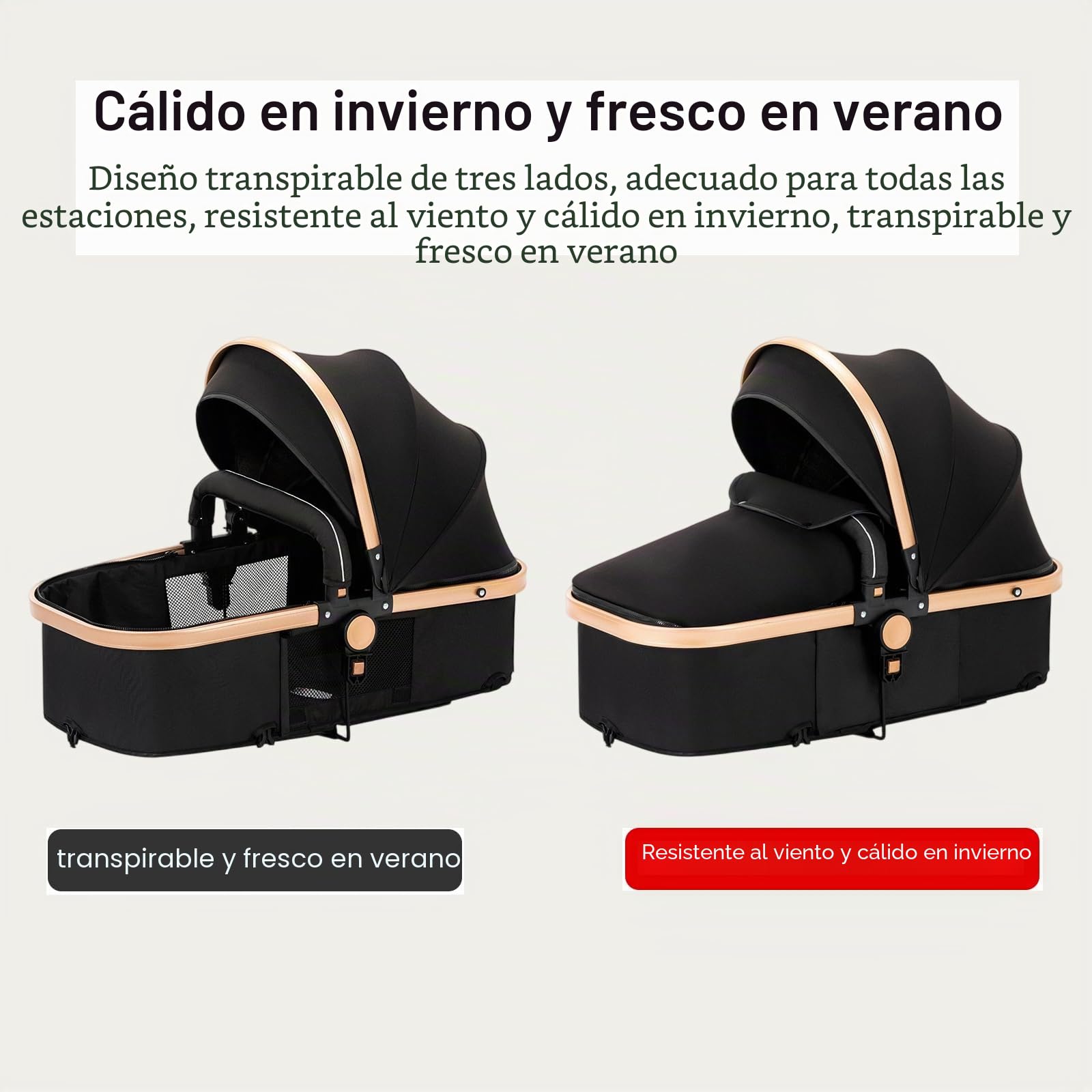 Carrito bebe 3 en 1, Capazo, Cochecito Deportivo y Silla de Coche, para Bebés de 0 a 36 Meses (Negro Oro)