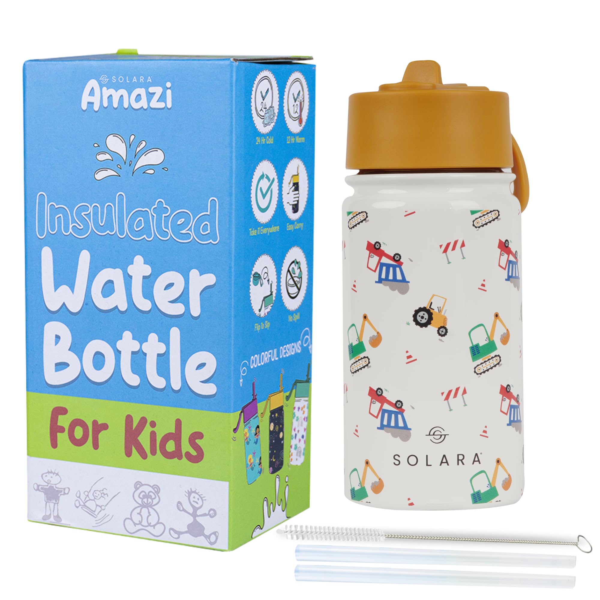 SOLARA Amazi Kids Insulated Water Bottle for Kids 450ml, Kids Water Bottle,Sipper Bottle for Kids,Thermosteel Kids Bottles,Stainless Steel Water Bottles for Kids,Straw Bottle for Kids, Construction