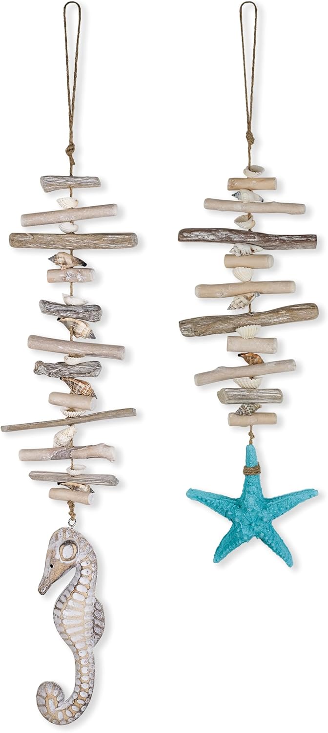 SAILINGSTORY Driftwood Shells Hanging Garland with Starfish and Seahorse Coastal Beach Decor Set of 2 Pack