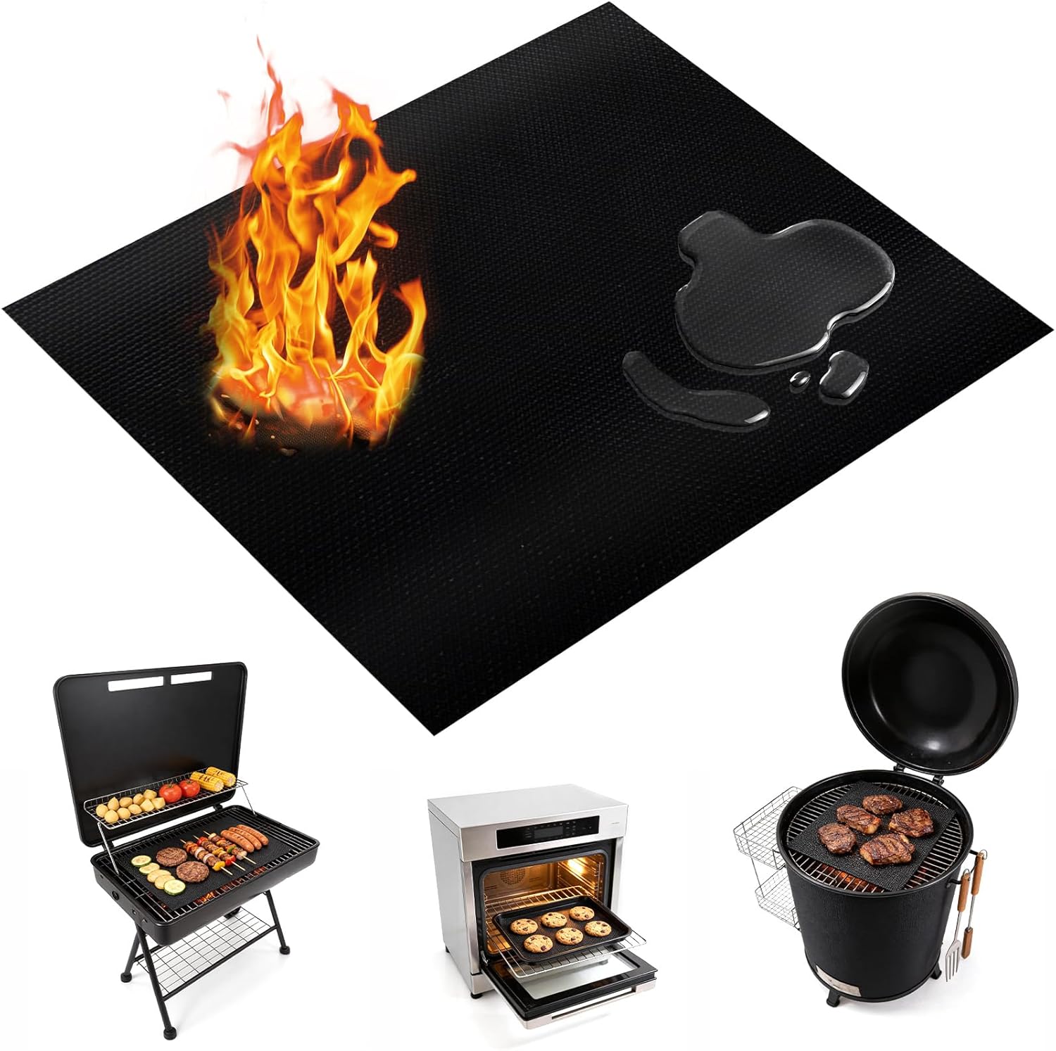 RAINFLOW Black Nonstick Grill Mats 5 Pack - Reusable BBQ Grilling Mats for Gas, Charcoal & Electric Grills, 15.75x13in