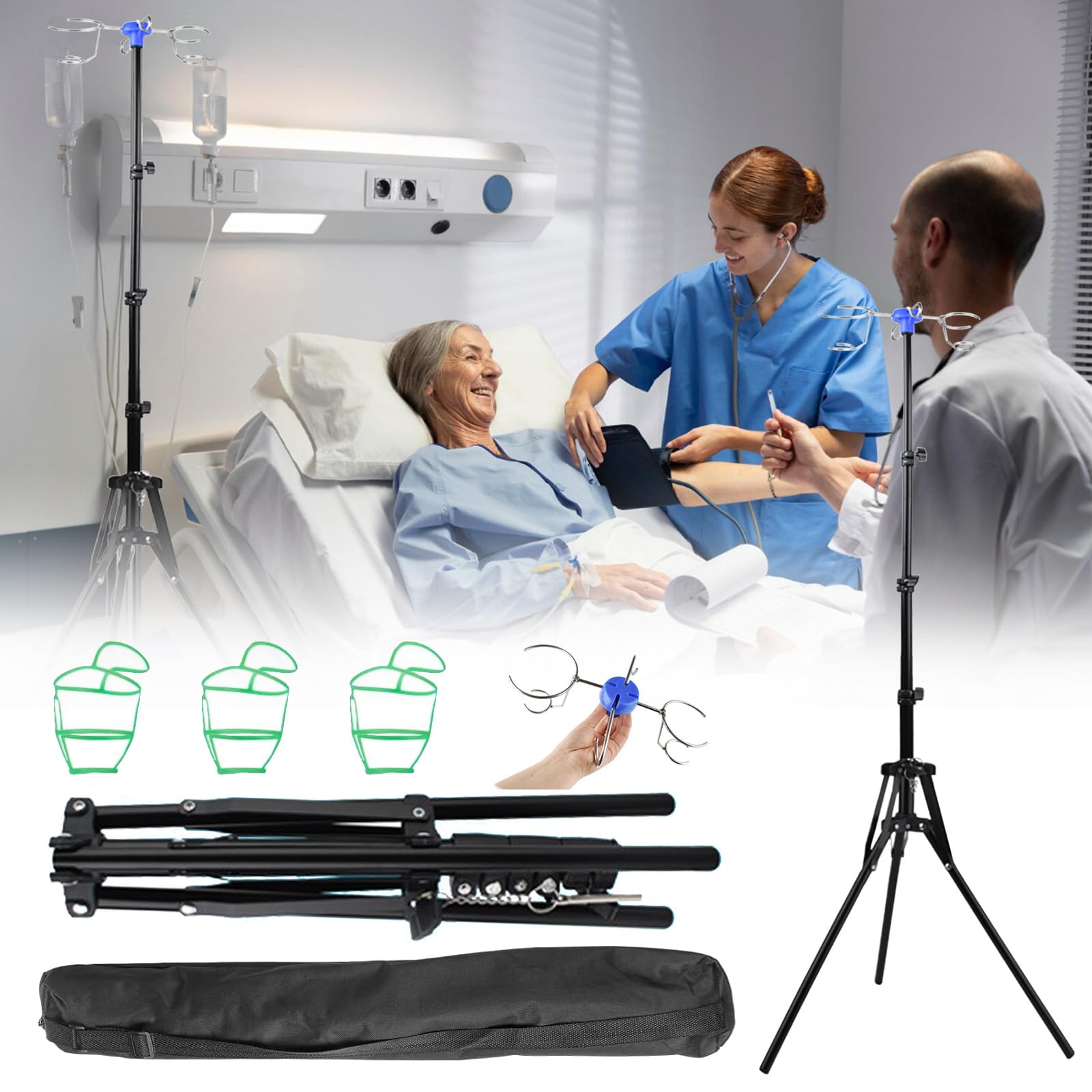 Supporto regolabile per infusione, pieghevole, altezza regolabile 87-190 cm, scolapiatti con 4 ganci e pratico supporto per fiale, con treppiede stabile, per ospedale e cura domestica