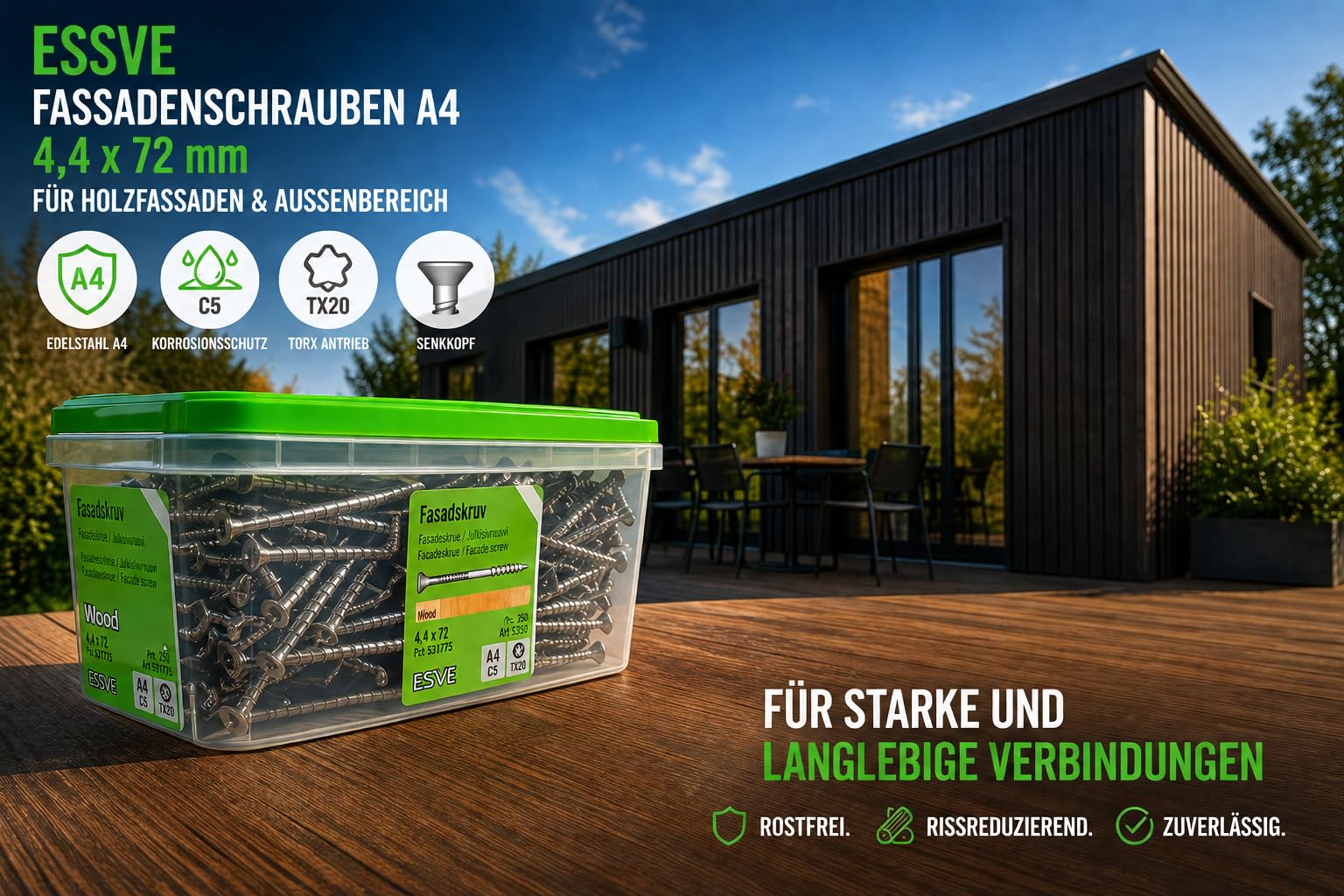 ESSVE Tornillos de fachada A4 4,4 x 72 mm, acero inoxidable C5, TX20, cabeza avellanada, RAL7016 – 250 unidades, tornillos para madera para exterior, fachada de madera, terraza y construcción de