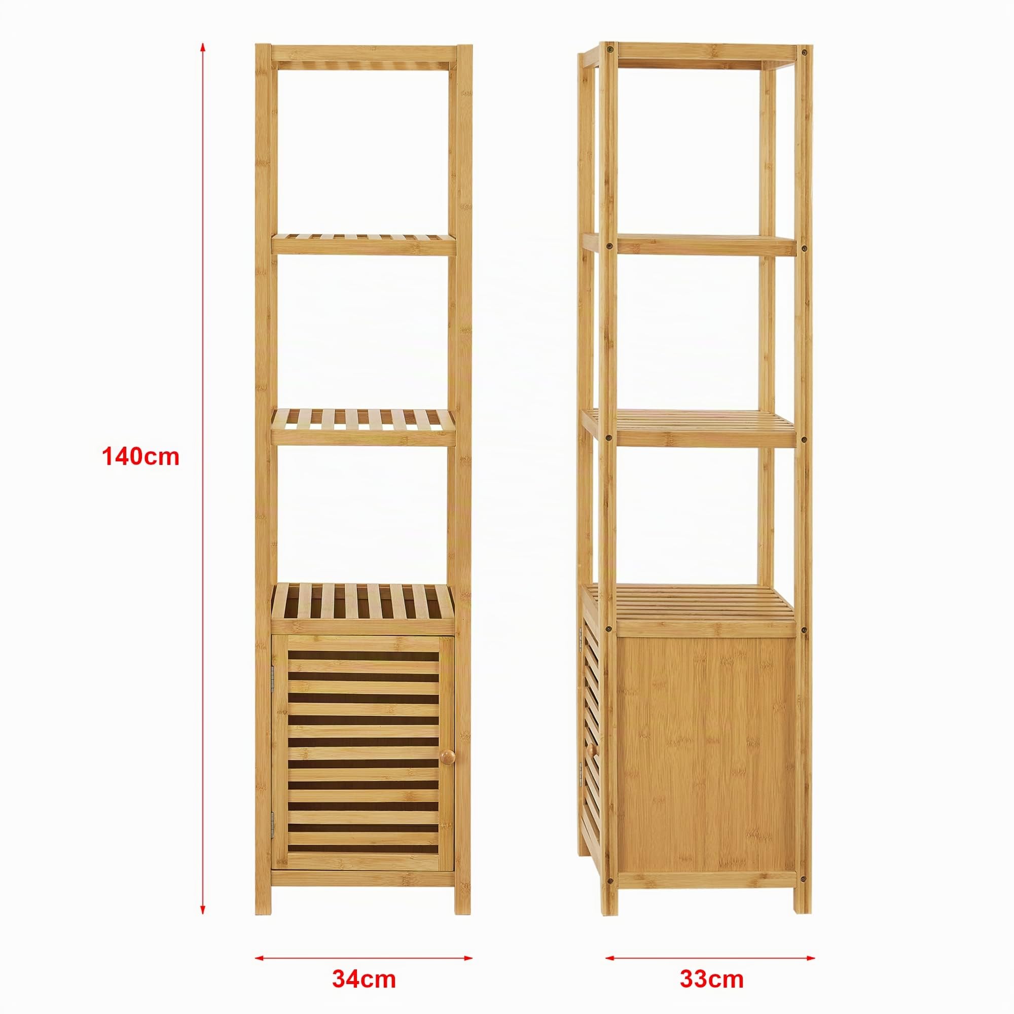 [en.casa] Estantería de Pie con 4 estantes 1 Puerta Armario de Bambú para Baño Espacios de Almacenamiento Ecológico Resistente 140 x 34 x 33 cm Natural
