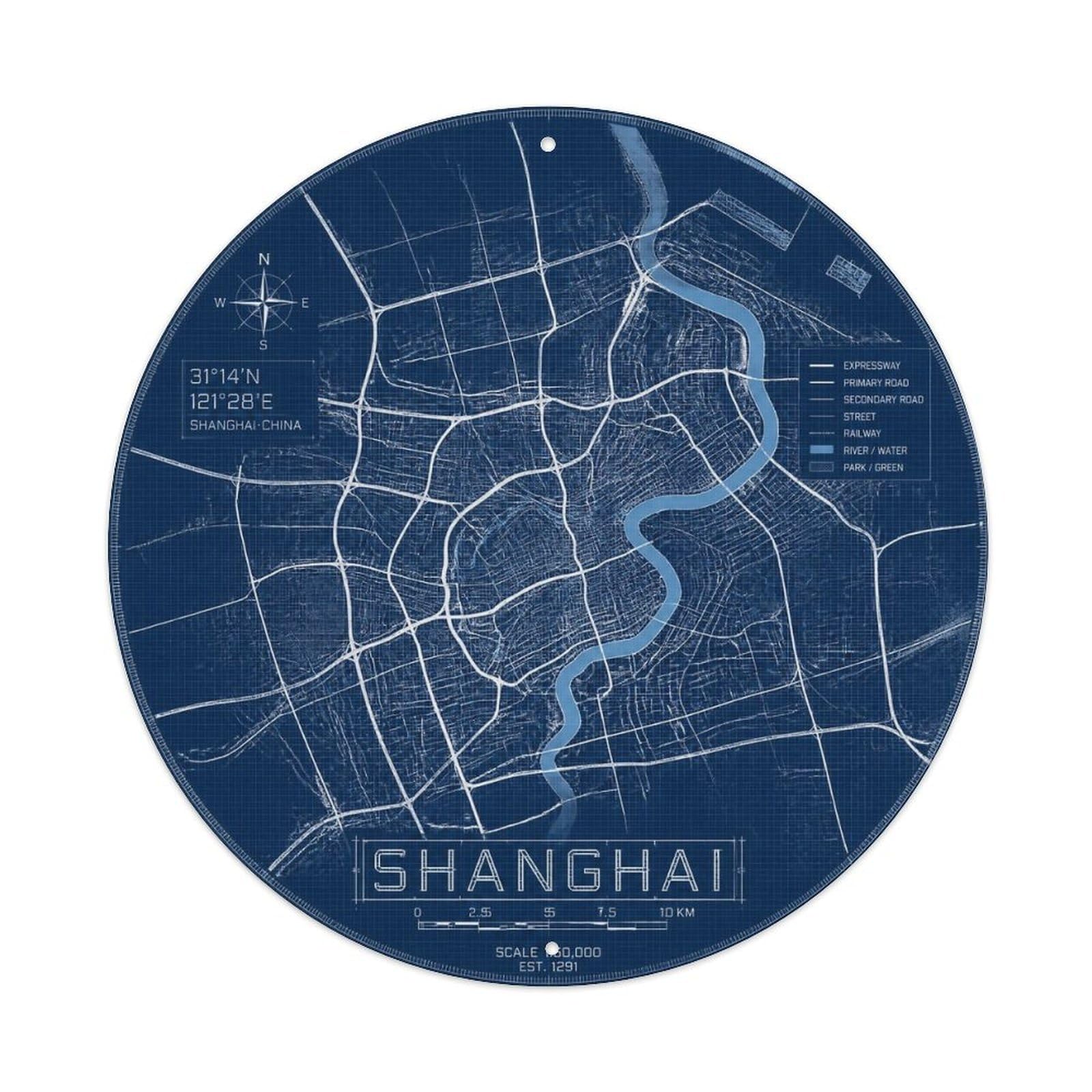 Okngb Style Shanghai Blueprint Street Grid Historic Route Emblem Metal Tin Sign Plaque Wall Decor For Cafe, Man Cave, Club Bar, Office, Home Garden Round Metal Poster 8X8inch