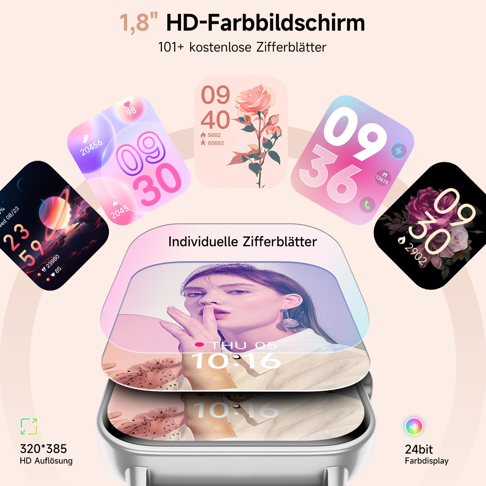 Smartwatch Damen 1.85" Smart Watch mit Alexa, Herzfrequenz/SpO2/Kalorien/Stress- und Schlafmonitoring, IP68 Wasserdicht Sportuhr mit Telefonfunktion, 100+ Sportmodi Fitnessuhr für Samsung Android iOS