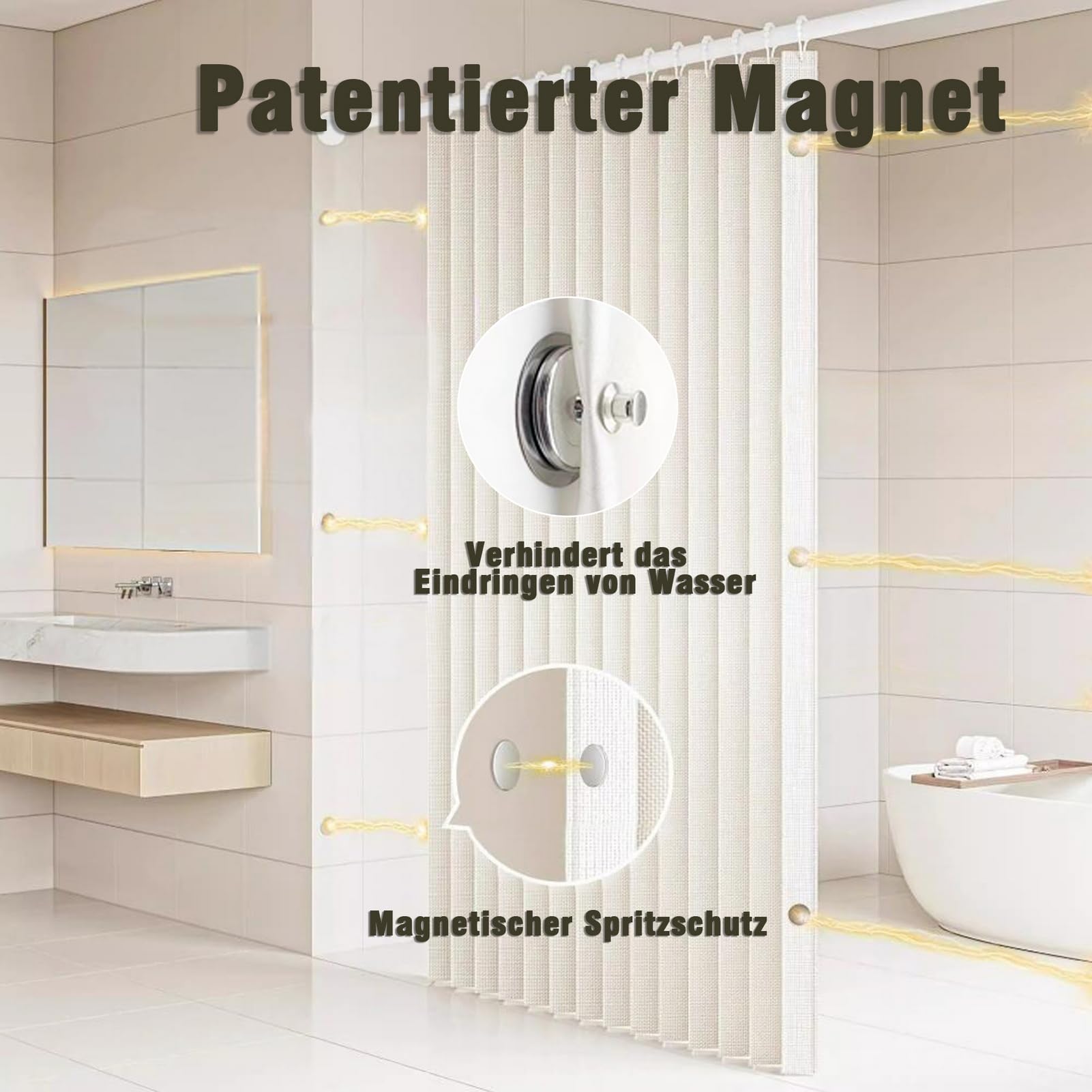 Icegrey Rideau de Douche Magnétique Pliable et imperméable avec Crochets, Séparation Humide et sèche, Rideaux de Douche en Polyester Lin très résistants pour Salle de Bain, Beige, 150x200cm