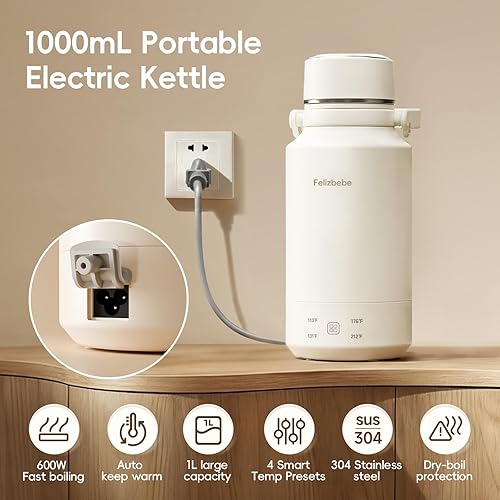 Miniatura 8 de Hervidor eléctrico portátil de 33.8 onzas/33.8 fl oz, hervidor de viaje de acero inoxidable 304, caldera de agua caliente y mantiene el calor, 4