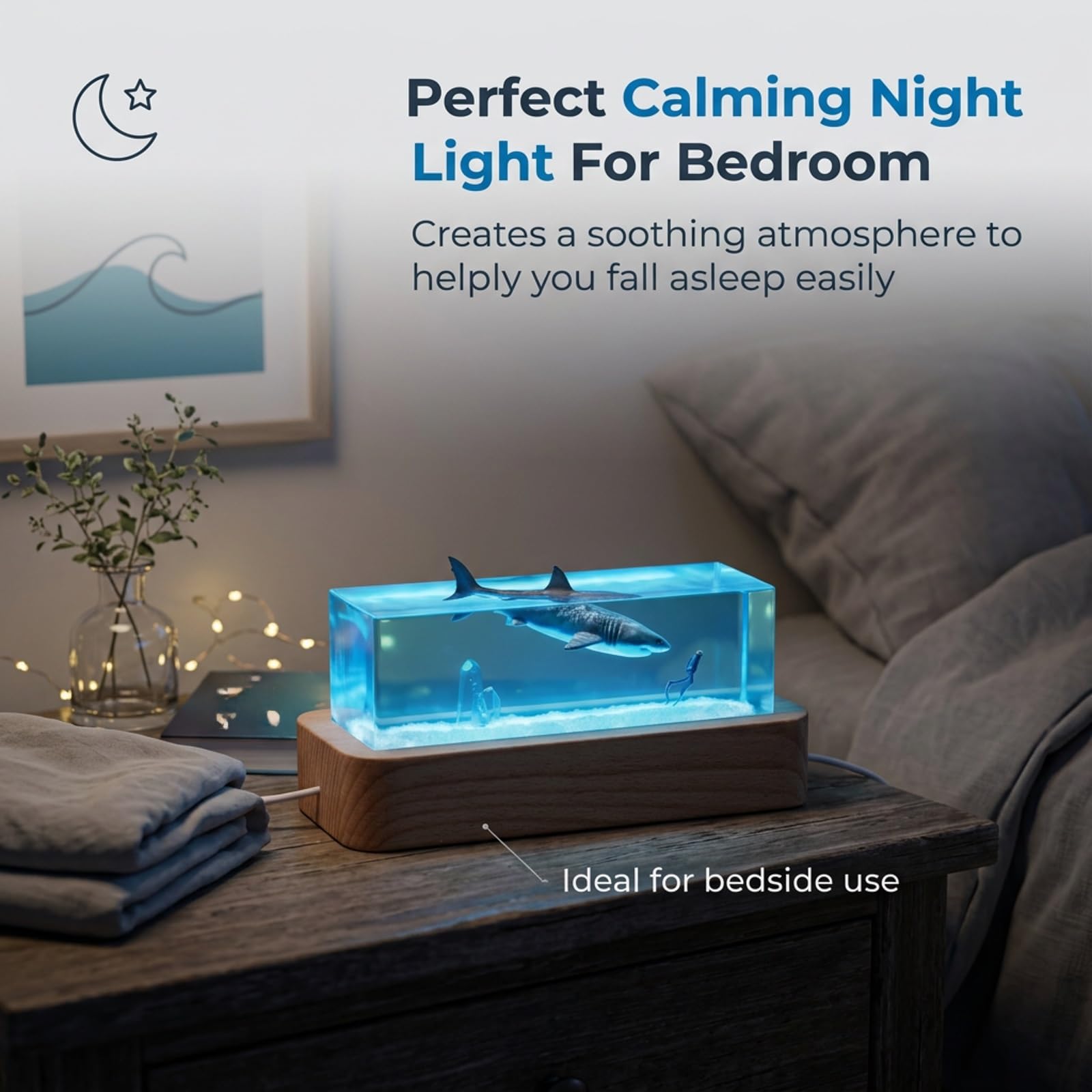 Lampada Mare in Resina con Base Legno, Luce Notturna LED USB Blu