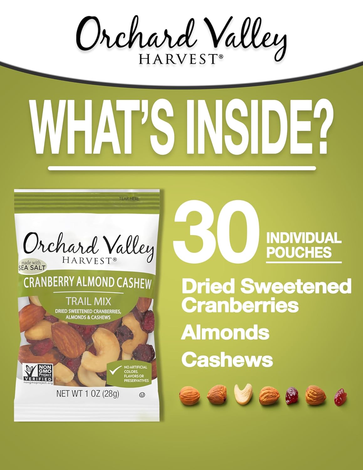 Orchard Valley Harvest Cranberry Almond Cashew Trail Mix, 1 oz (Pack of 30), Cranberries, Almonds, and Cashews, Non-GMO, No Artificial Ingredients, Healthy Snacks for Adults