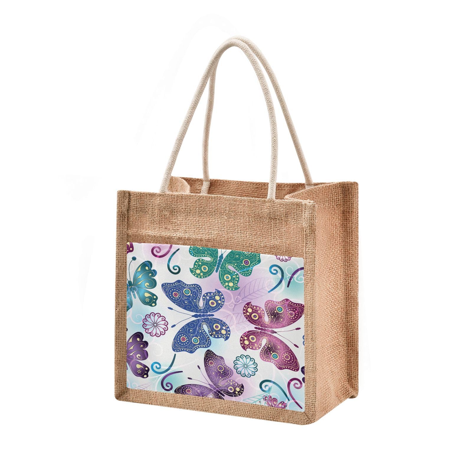 Mnsruu Burlap Jute Tote Bag Colorful Retro Butterflies Flowers Reusable Grocery Shopping Bag Beach Tote Bag for Women Girls Bridesmaid Wedding School 30x22x15cm
