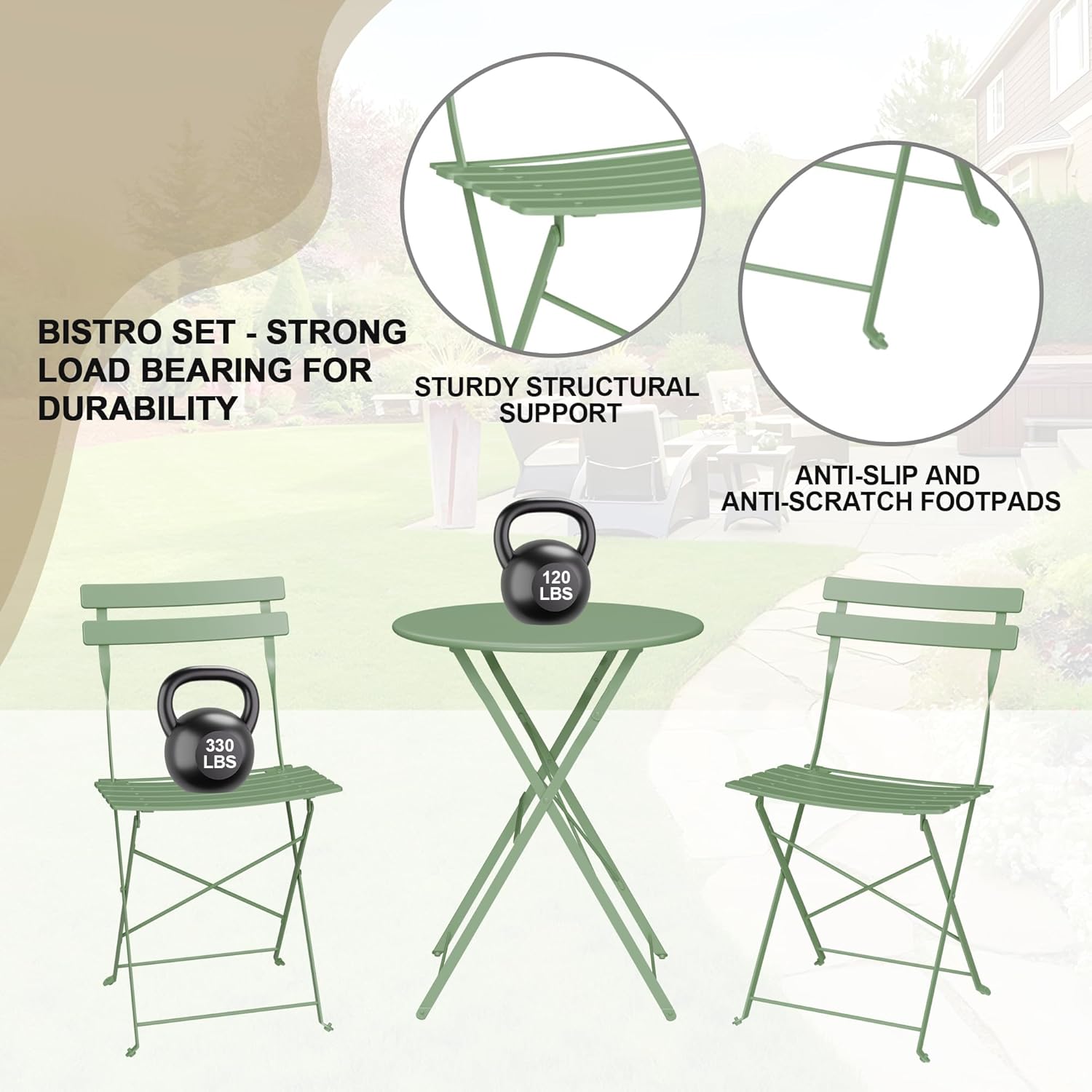 GAOMON 3-Piece Bistro Set – Metal Frame Green