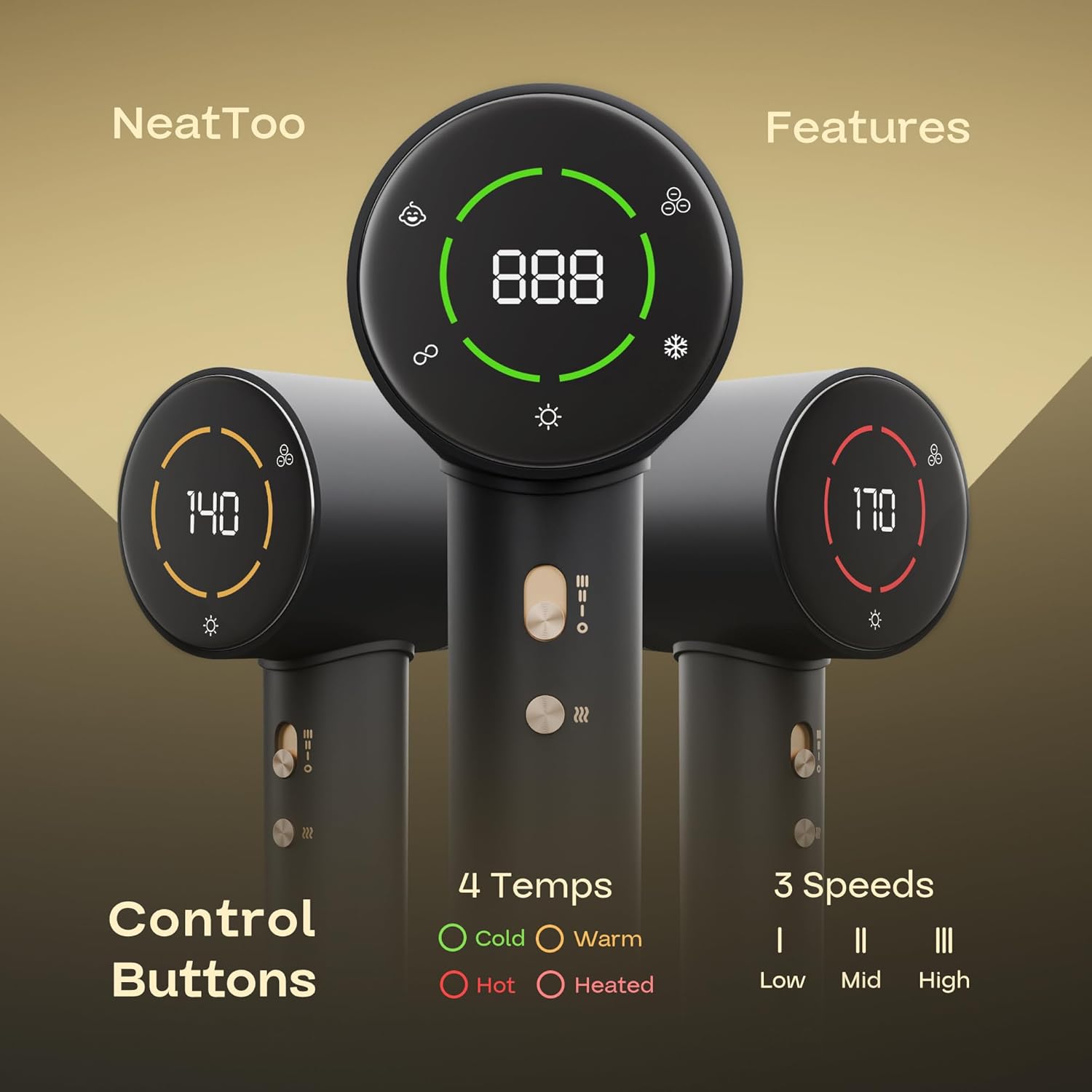 NeatToo Turbo Pro Hair Dryer | 3 Speed Settings with LCD Display | 500M Negative Ions for Smooth Shine | 160,000 RPM Brushless Motor | 1500W Fast Drying, Low Noise & Lightweight Blow Drye - Image 9