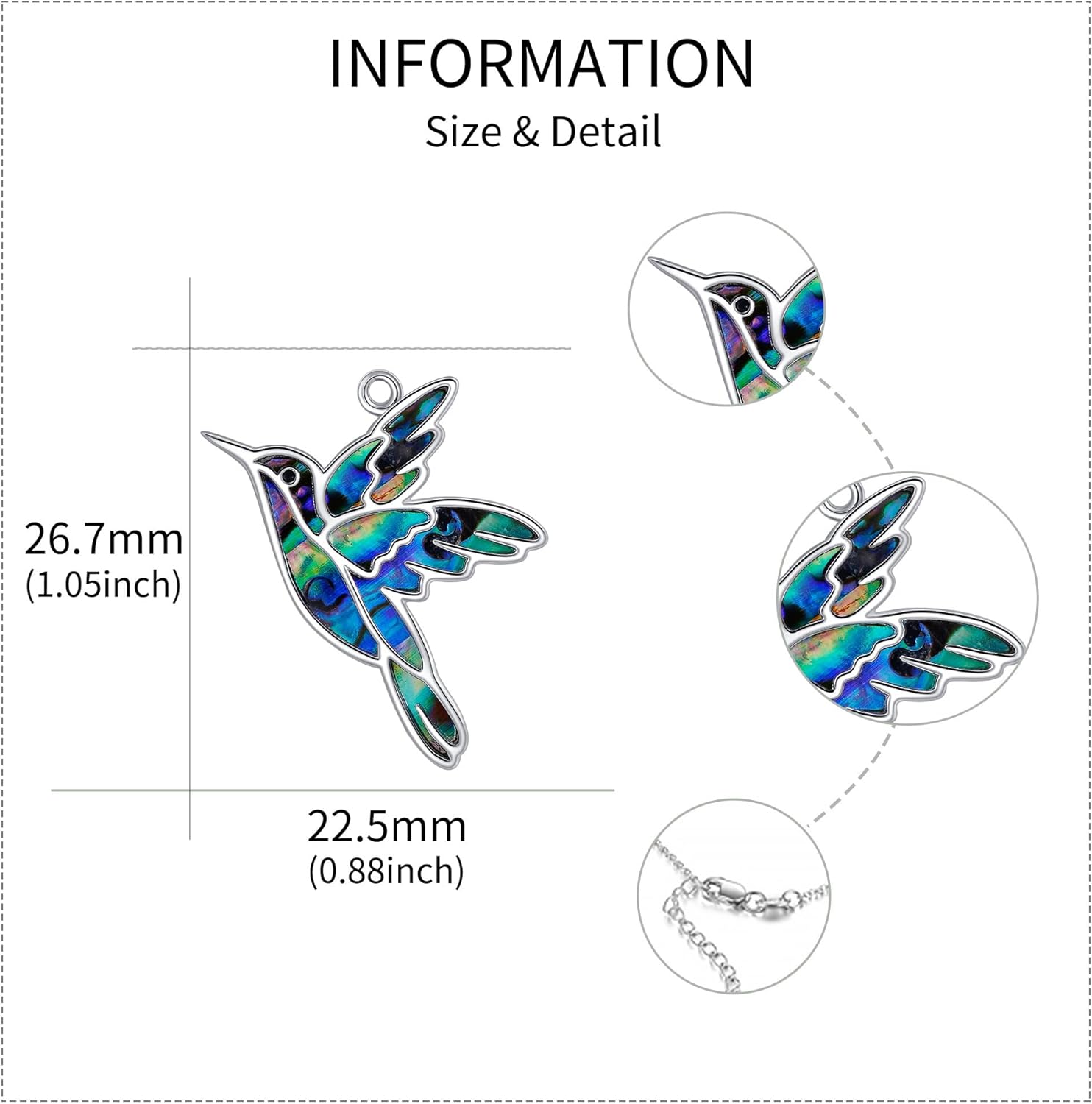 URONE Hummingbird Necklace 925 Sterling Silver Hummingbird Pendant Necklace with Abalone Shell Bird Jewelry for Women