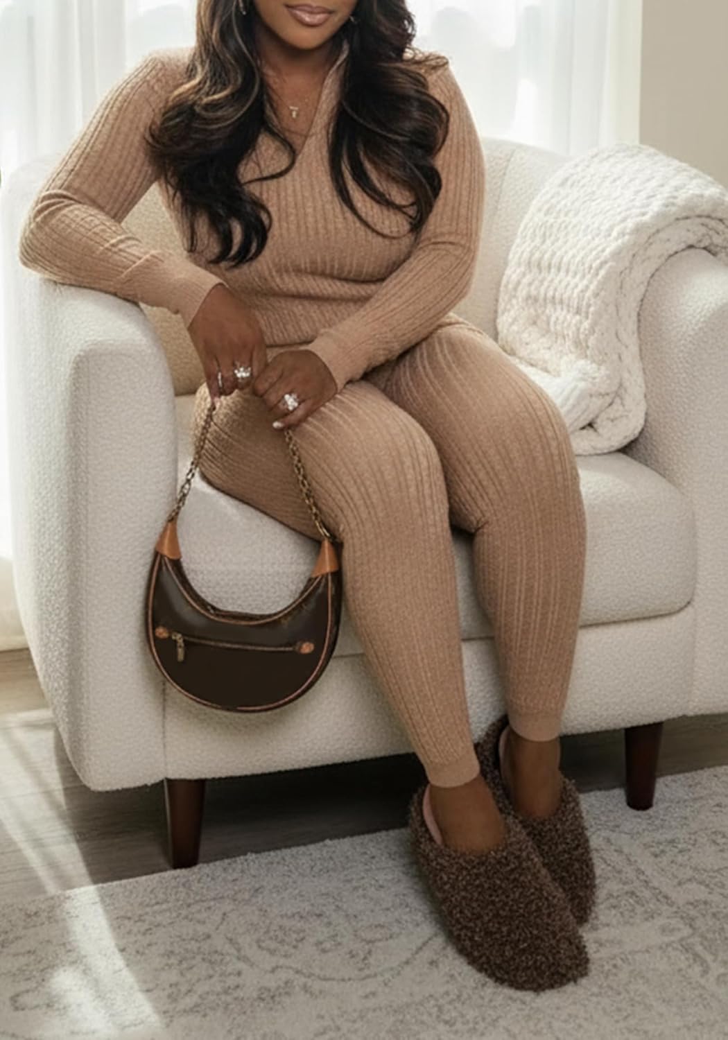 Tcremisa Womens Lounge Sets Cable Knit 2 Piece Outfits Skinny Long Sleeve Sweater Pants Set Fall Winter Matching - Image 3