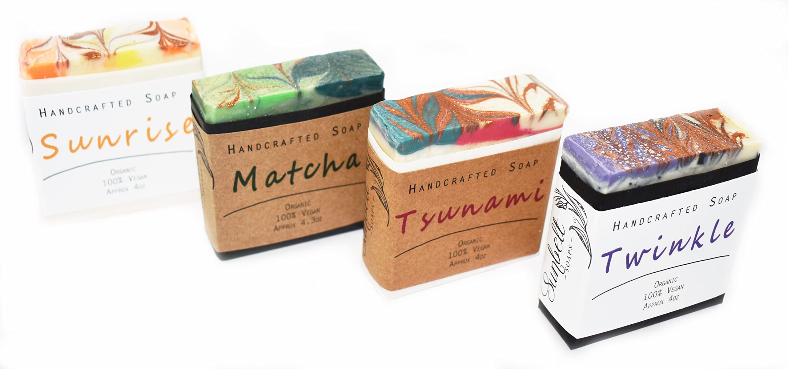 Natural Organic Luxury Bar Soap (Sunrise, Matcha, Tsunami, Twinkle), Variety Gift Set, 4 Pack, Handmade Cold-Pressed Face and Body Bar Soap for Men and Women (~4 oz each, 4 bars)