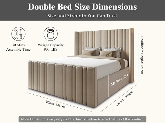 Brixton Wingback Double Bed Frame 4ft6, Modern Plush Velvet Upholstered Design, Luxury Double Bed Base with High Headboard, Stylish Bed Frame Double for Bedrooms in Cream Plush
