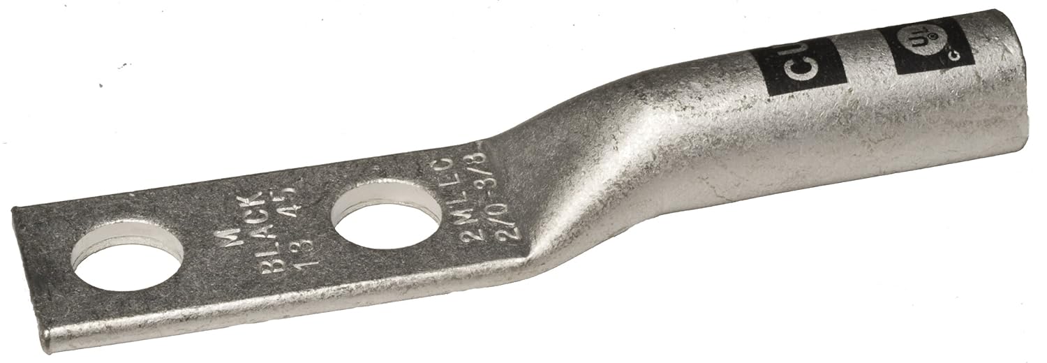 94360 Long Barrel Compression Lug, 2 Hole, Copper, 3/0 Str. Wire Range, Orange Color Code, 1 Stud Size