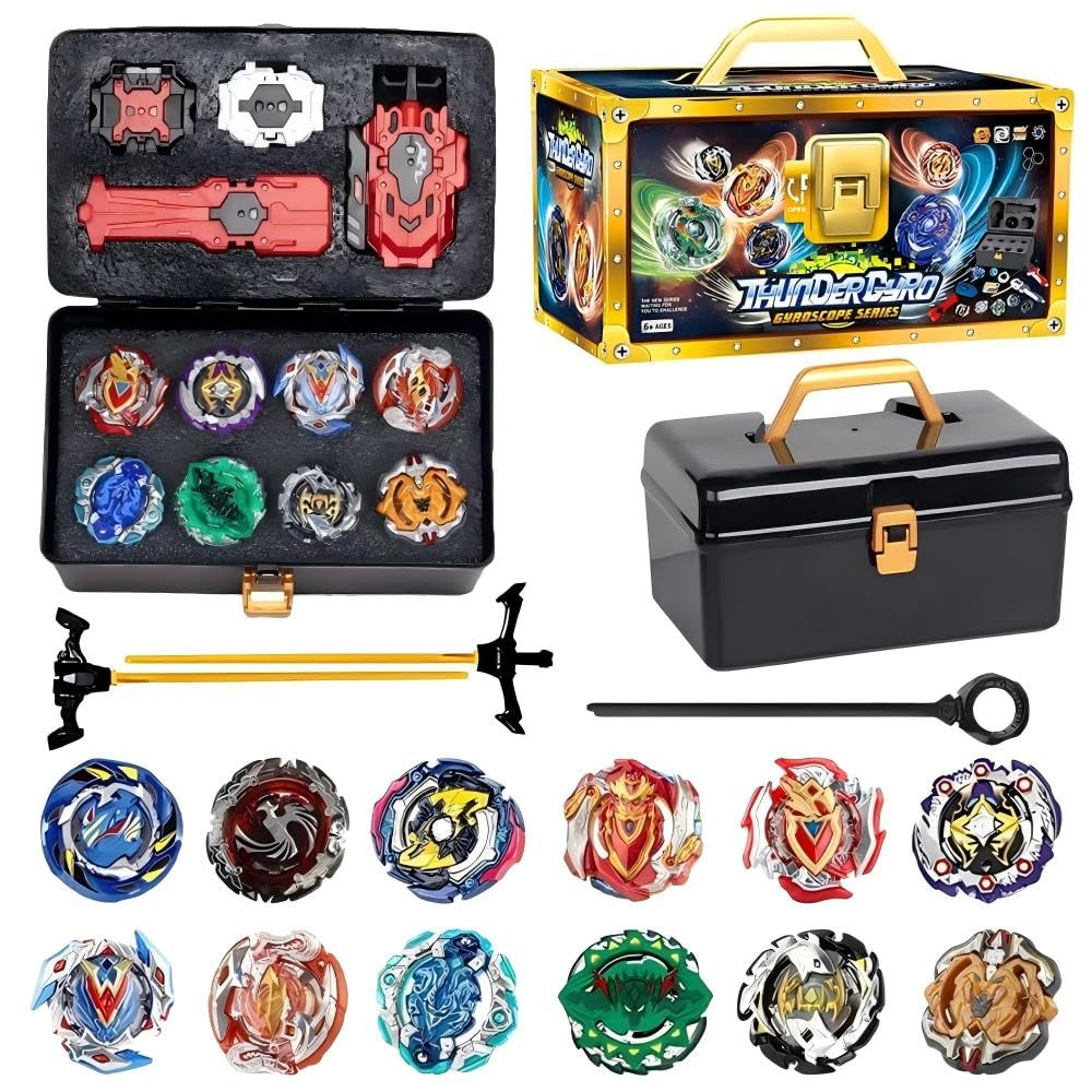 Blade Burst Set, 12 in 1 Bay Burst Set, Blade Metal Fusion con 12 Gyros Burst, 3 Lanzadores, 1 Mango y Caja de Almacenaje, Peonzas Burst Batalla para Navidad Cumpleaños Regalo
