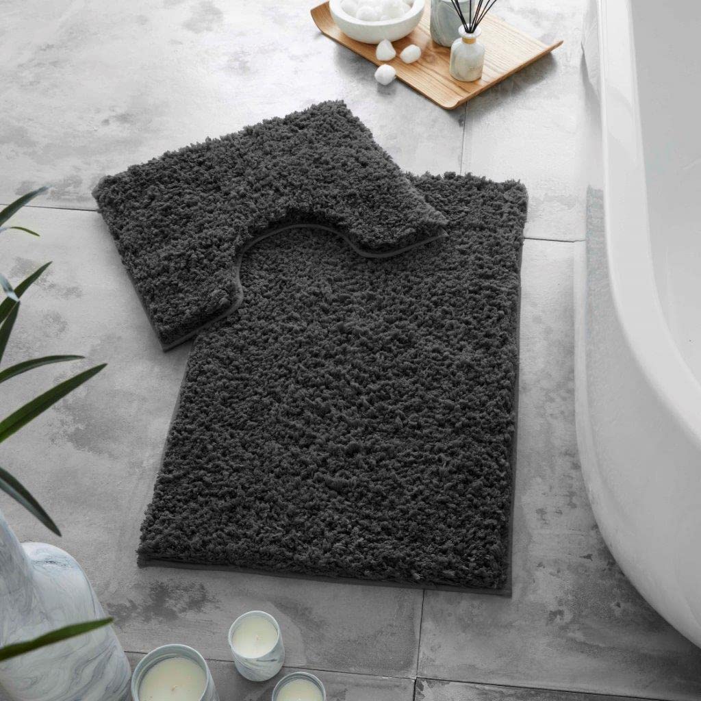 Artistic Fashionista* Luxury Zero Twist Teddy Anti Slip 2 Pcs Super Soft Bath Mat & Pedestal Set Water Absorbent Bathroom Rug & Toilet Set (Black)