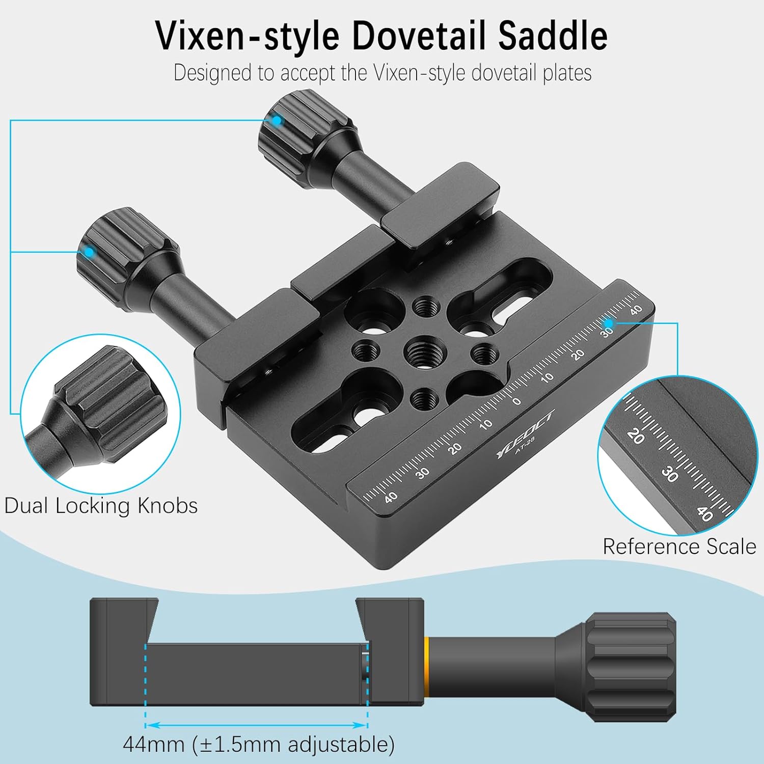 Telescope Dovetail Saddle Clamp Mount Base for Vixen Style Dovetail Plate Bar, with Dual Locking Knobs for Astronomical Astronomy OTA Equatorial Head Tripod Adapter, Support Drop-in Mounting