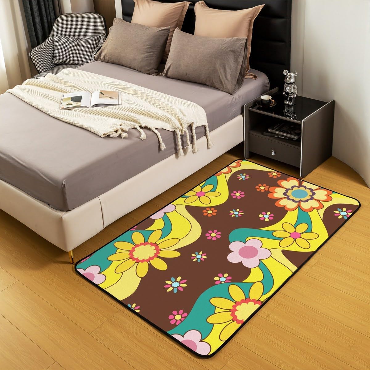 Erosebridal Girls Pink Flowers Area Rug 5x7,Psychedelic Groovy Floral Power Rug Aesthetic,Hippie Vintage 60S 70S Style Carpet Funky Hand Drawn Non Slip Living Room Rugs