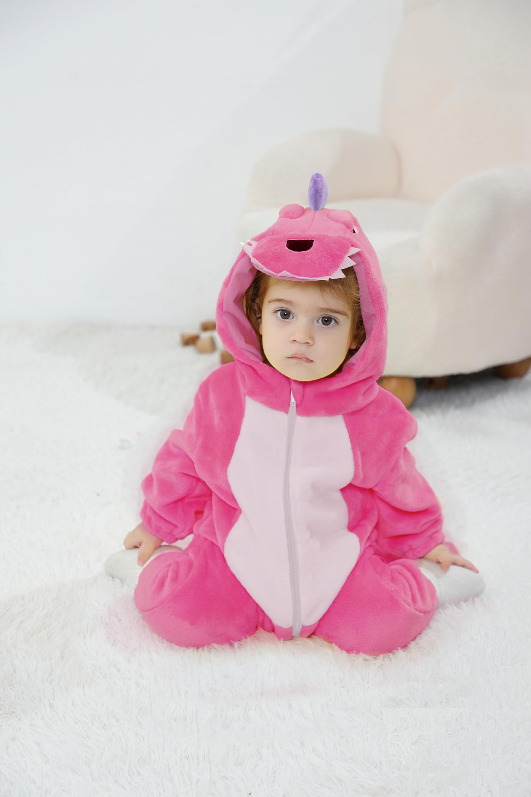 LOLANTA Costume da Dinosauro per Bambino Unisex, Costume da Animale con Cappuccio per Bambino, Tuta Sindacale in Flanella, Rosa, 2-3 anni