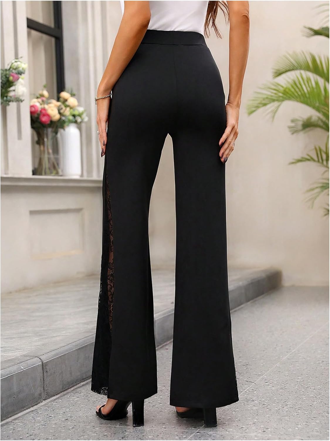 GORGLITTER Women's Lace Bell Pants Bottom Flare Flared Leg Elastic High Waist Casual Office Trousers - Image 2