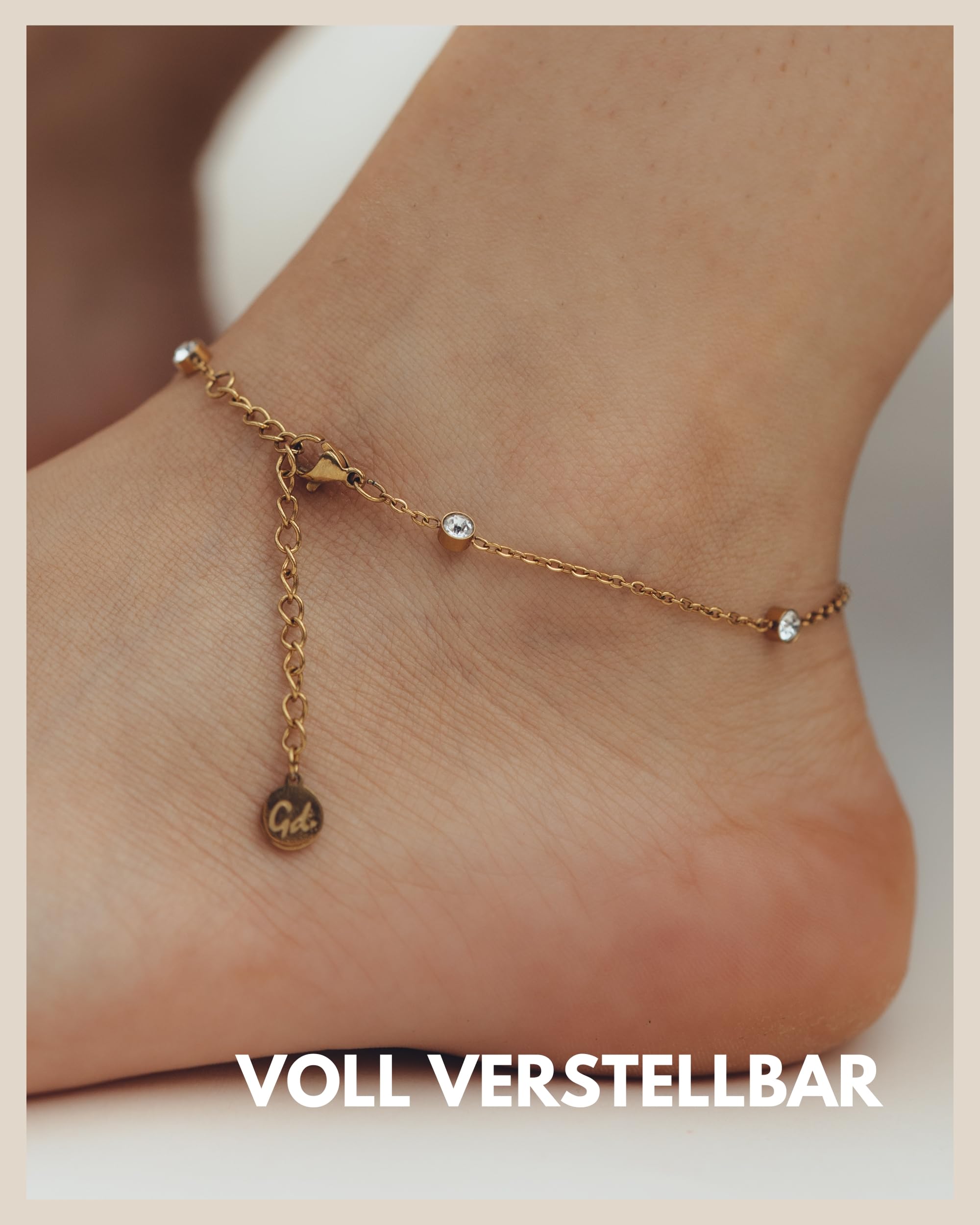 Gd. GOOD.designs EST. 2015 Zirkonia Fußkette für Damen wasserfest I Fußkettchen verstellbar (22-27cm) aus Edelstahl in 18K Gold und Silber I Frauen Fußschmuck mit funkelnden Dots