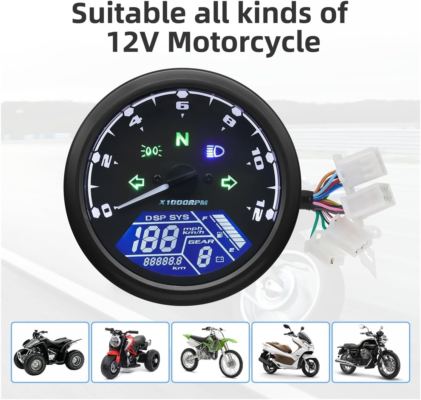 Motorcycle Speedometer Gauge Universal Motorcycle 12000RMP Tachometer Odometer 1-4 Cylinders Motorbike Gauge Digital Dash