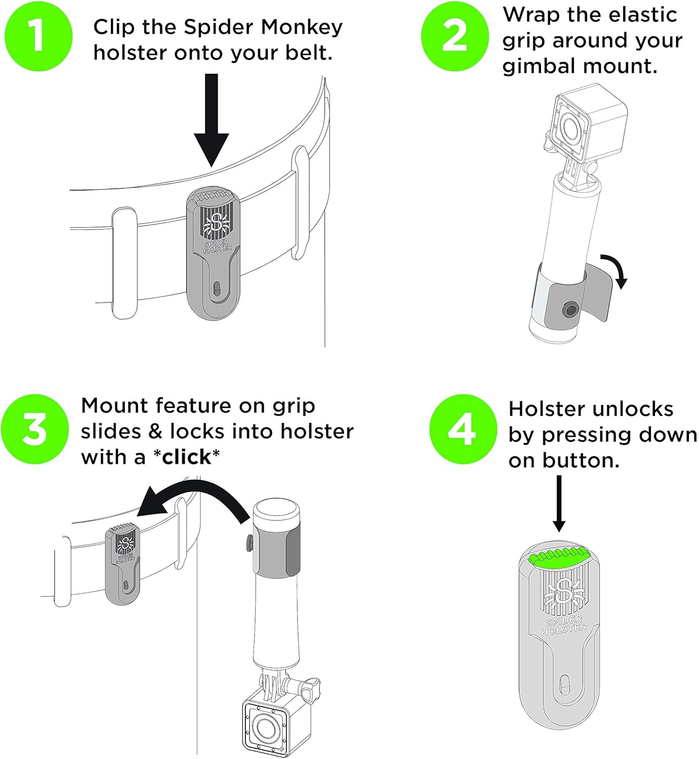 Spider Holster - SpiderMonkey Belt Holster Clip and Elastic Wrap for Action Camera Grips - Waist Mounted, self Locking Belt Clip - Compatible with DJI Osmo, CamKix, GoPole, GoPro, Selfie Stick