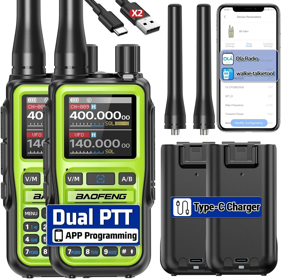 BAOFENG UV-5R MINI Ham Radio Handheld UV5R Long Range Walkie Talkies Rechargeable Emergency NOAA Weather Two Way Radios APP Programming Dual PTT Multi Band USB-C Charger for Hunting Camping,2 Pack