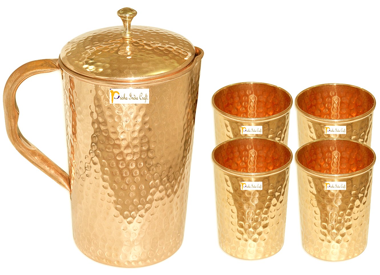 Prisha India craft Pure Copper Hammered jug Pitcher with lid Capacity 1650 ml with 4 Pure Copper Hammered Glass Tumbler Capacity 250 ml drinkware Set