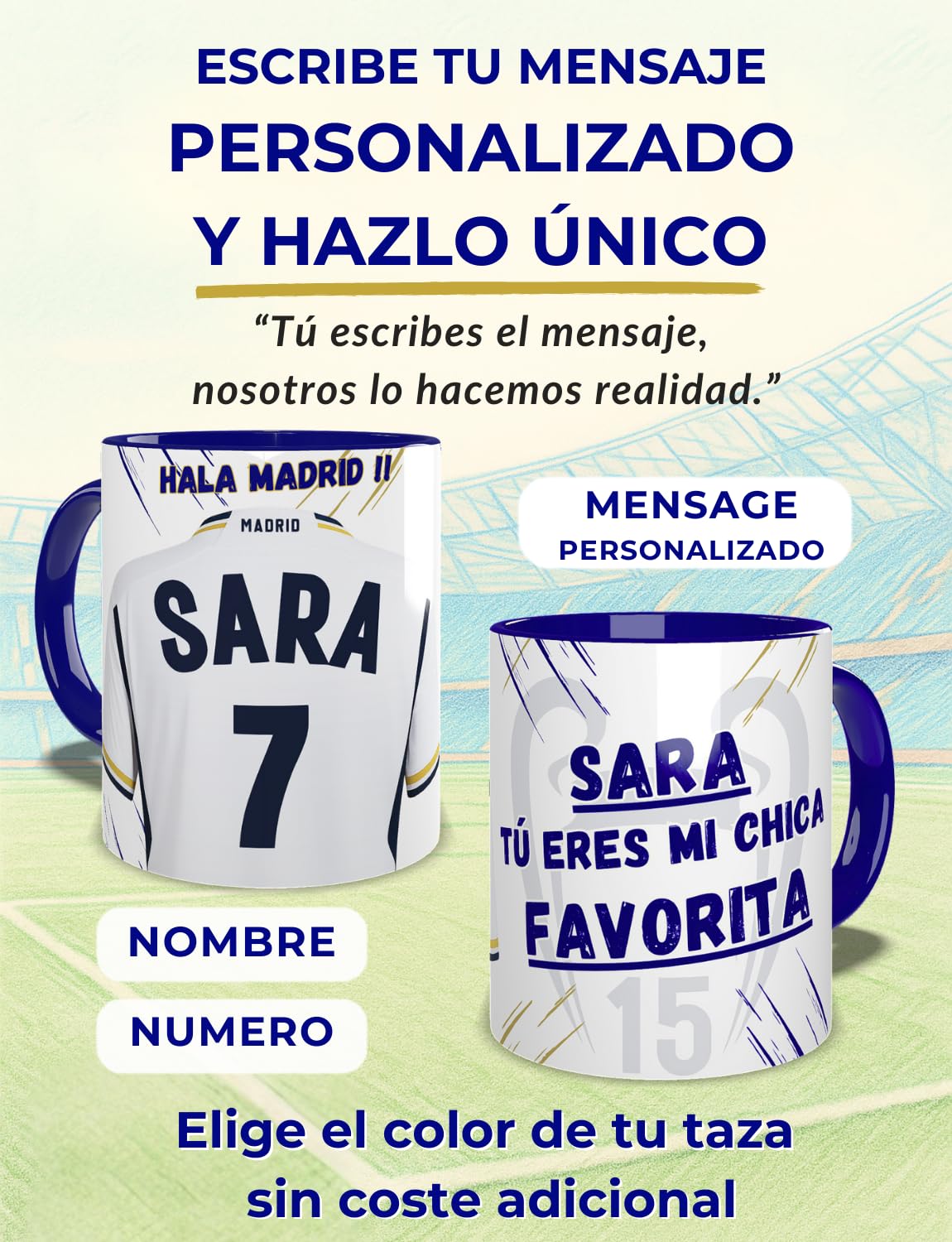 Taza Madrid Personalizada Fútbol Nombre Número Y Dedicatoria , Regalo Para Profesores Dia Del Padre Original Amigo Invisible Cumpleaños Para Aficionados De Equipos Apta Microondas Té Café Desayuno