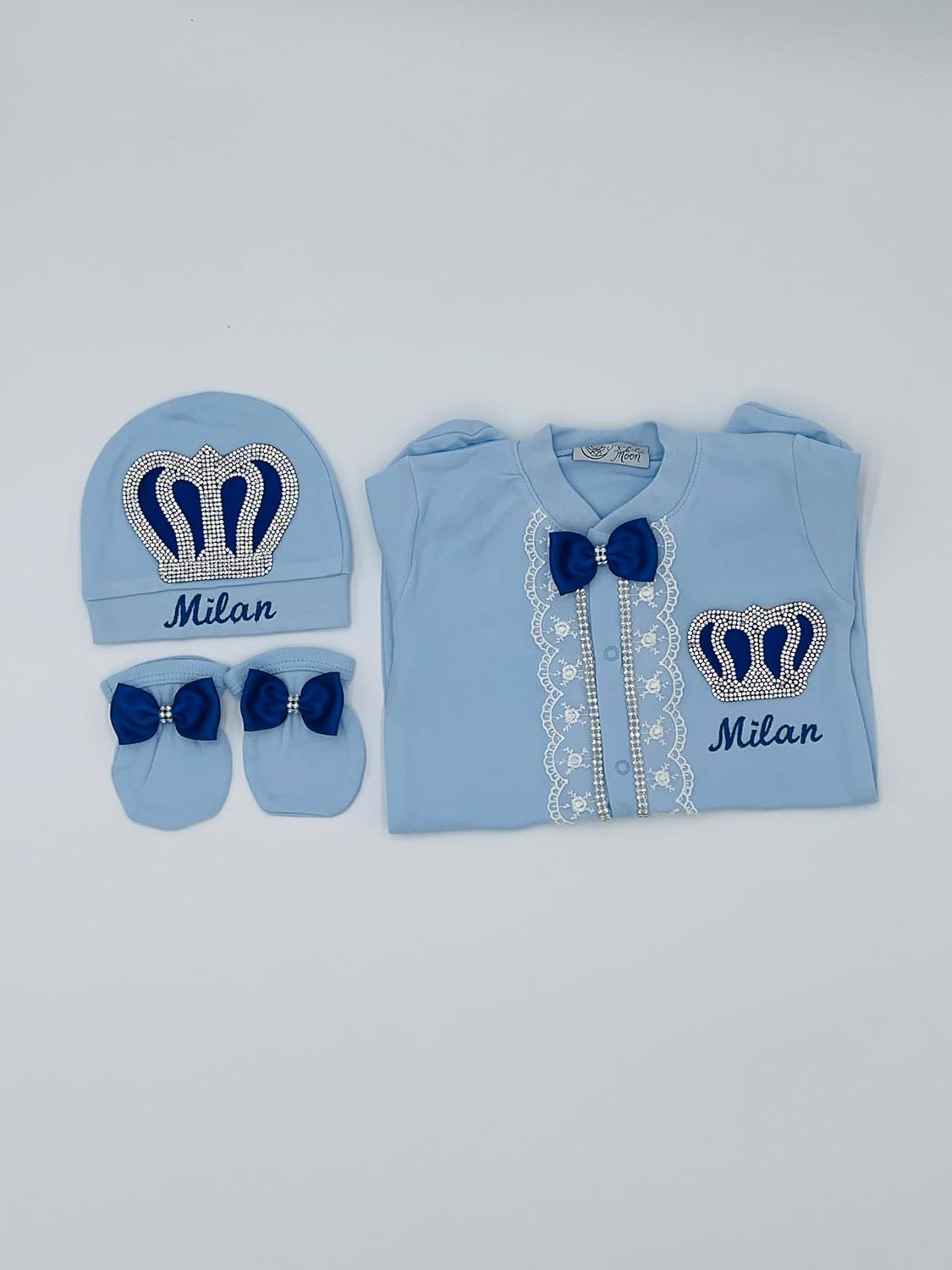 MELEK & MOON Personalized Luxury Infant Newborn Baby Boy Outfit – 3-Piece Cotton Set – Prince Angel's Dream Set