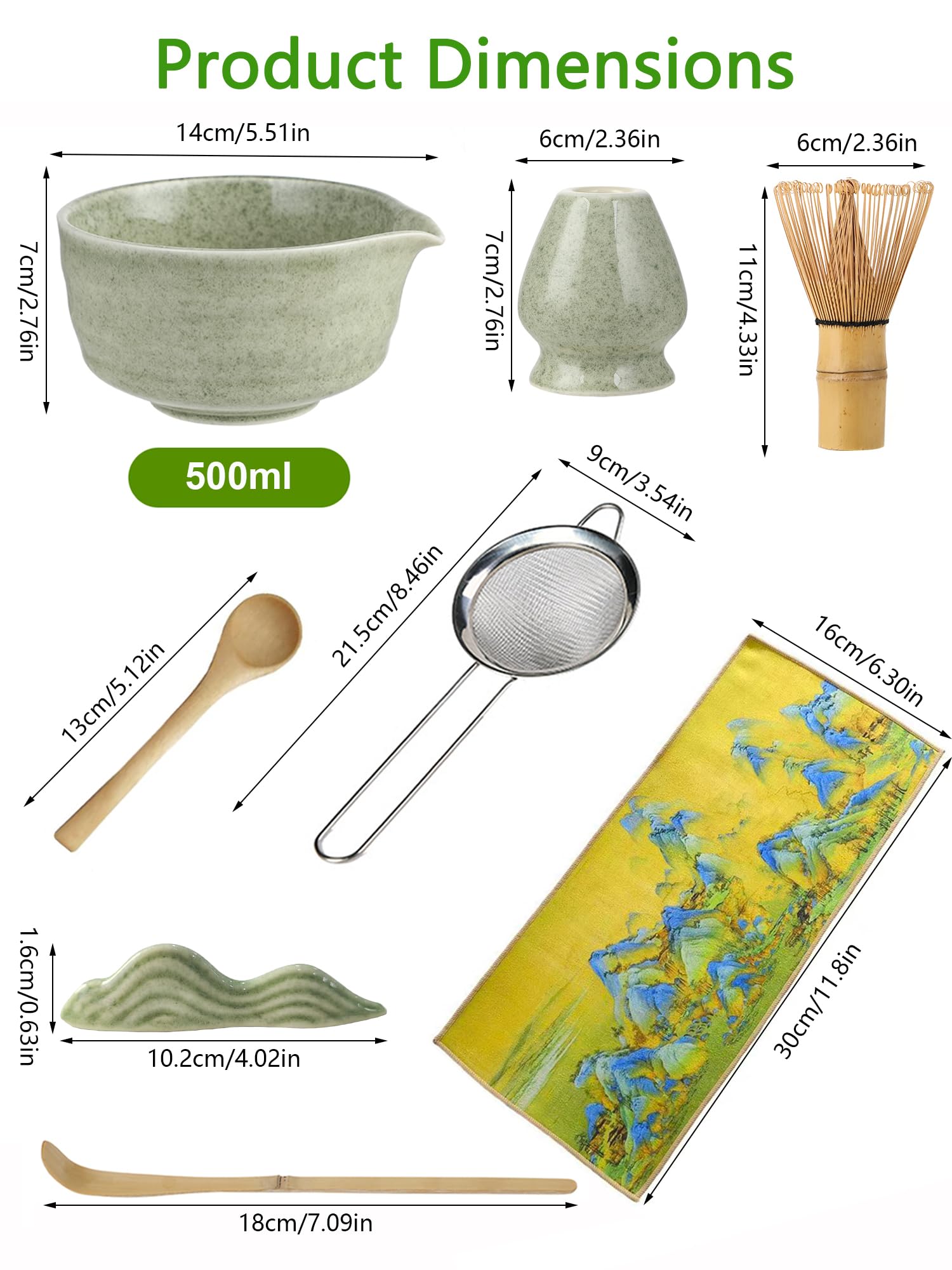 Zestaw do Matchy - 8-Częściowy Zestaw Ceremonialny: Miska z Dzióbkiem do Matcha (500 ml), Chasen, Podstawka na Trzepaczkę, Chashaku, Podstawka na Chashaku, Drewniana Łyżeczka, Chakin, Sitko