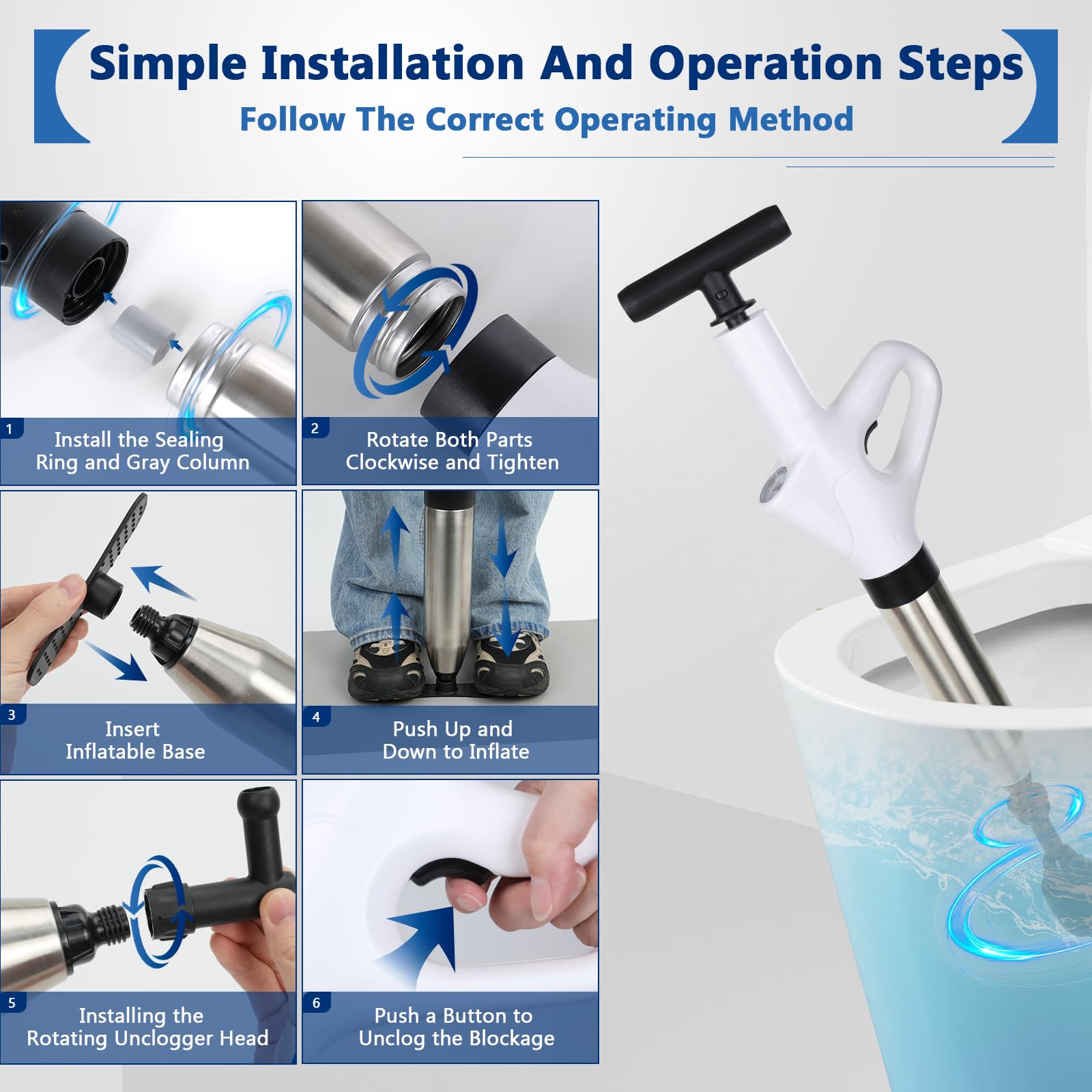 Vienki Toilet Plunger, High Pressure Toilet Plunger – Air Drain Unclogger Blaster with Visual Barometer, Heavy Duty Plungers for Bathroom Toilet, Floor, Kitchen Sink & Plumbing Clogs, Stainless Steel - 5