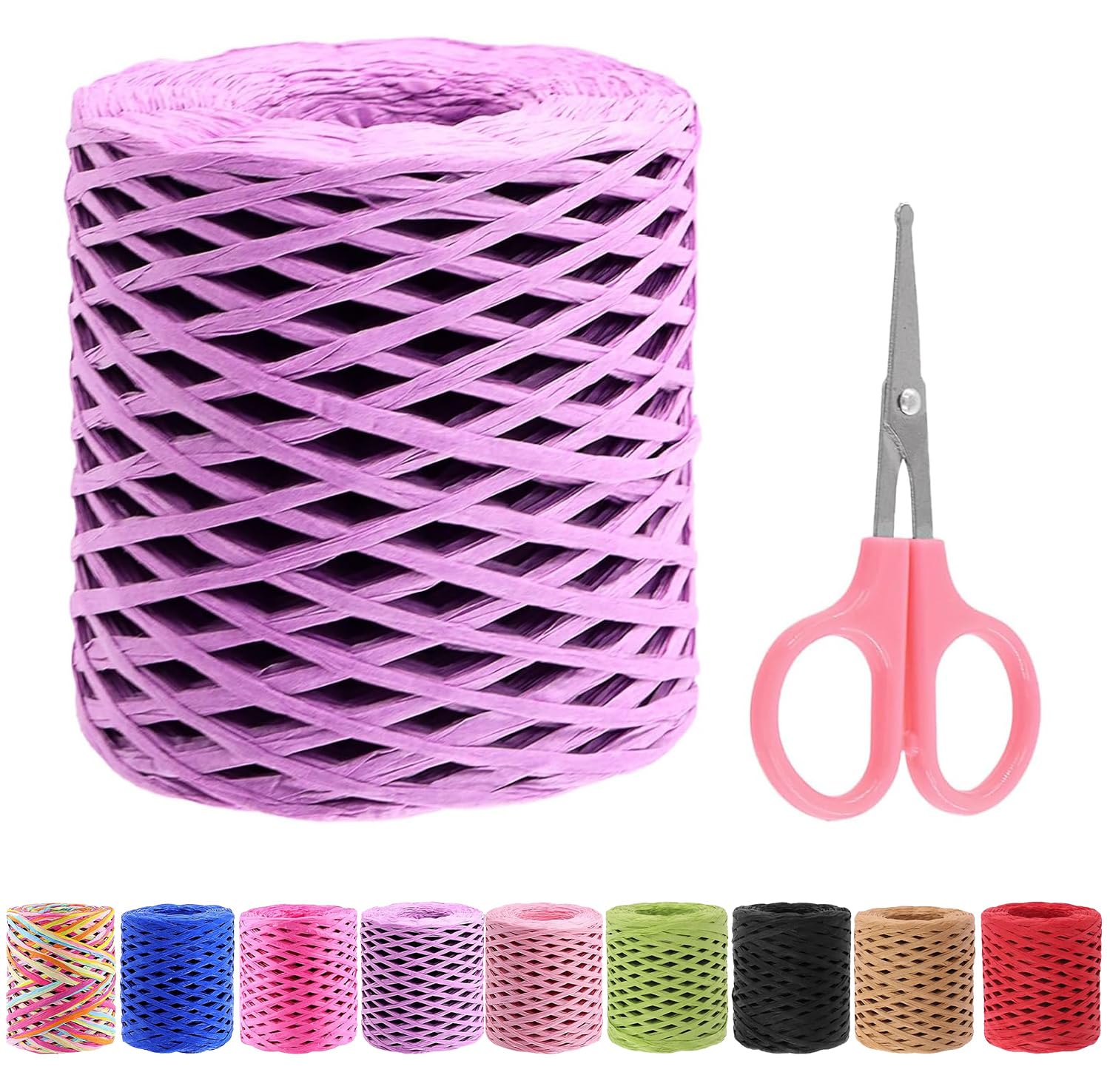 Swpeet 1 Roll Beautiful Pink 218 Yards Raffia Paper Craft Ribbon with Scissors Assortment Kit, Natural Raffia String Kraft Craft Packing Paper Twine for Gifts DIY Supplies Flower Bouquets Decorations