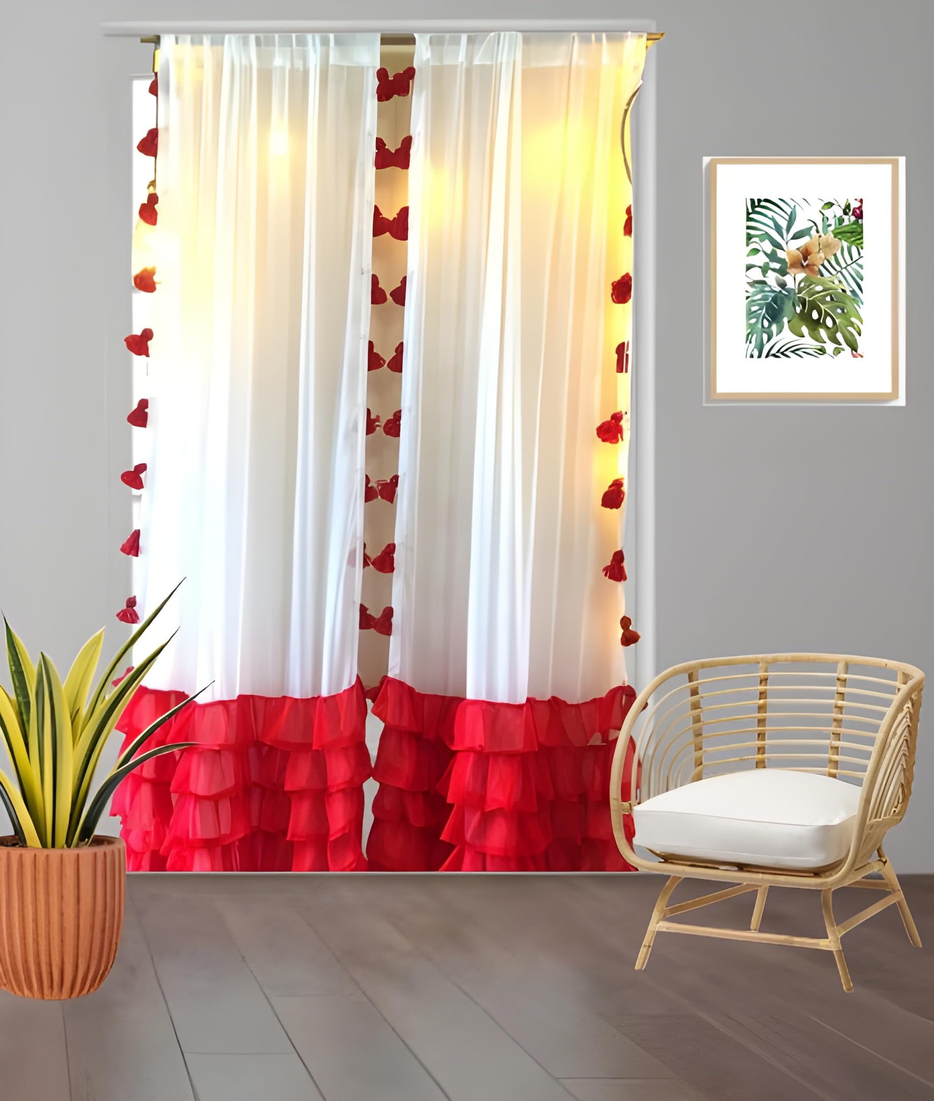 NYSARG Bottom Ruffle Tassel Curtain,SEMI Transparent, 7 FEET, RED and White,Pack of -1-image-41