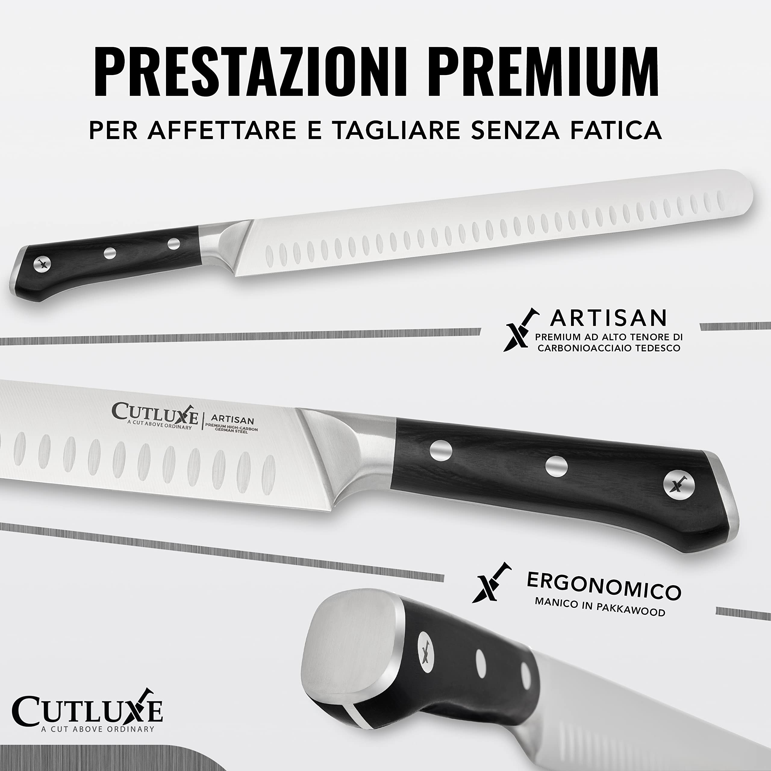 Cutluxe Coltello da Prosciutto Professionale - 30cm Coltello per Affettare Salumi e Carne - Acciaio al Carbonio, Lama Affilata e Resistente con fodero - Artisan Series