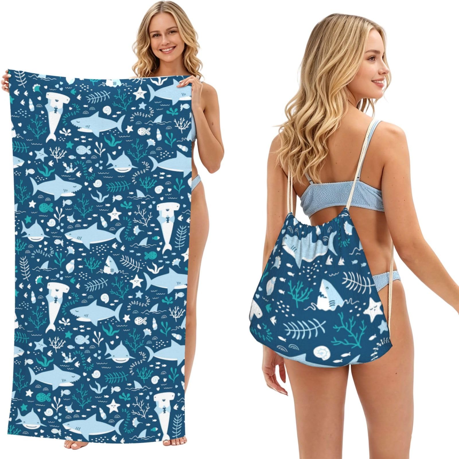 Poadnly As Picture Smiling Shark Sea Animals Fishes Starfish Blue, 2 In 1 Packable Towel Bag, Beach Towels With Drawstring Backpack For Travel Holiday Camping