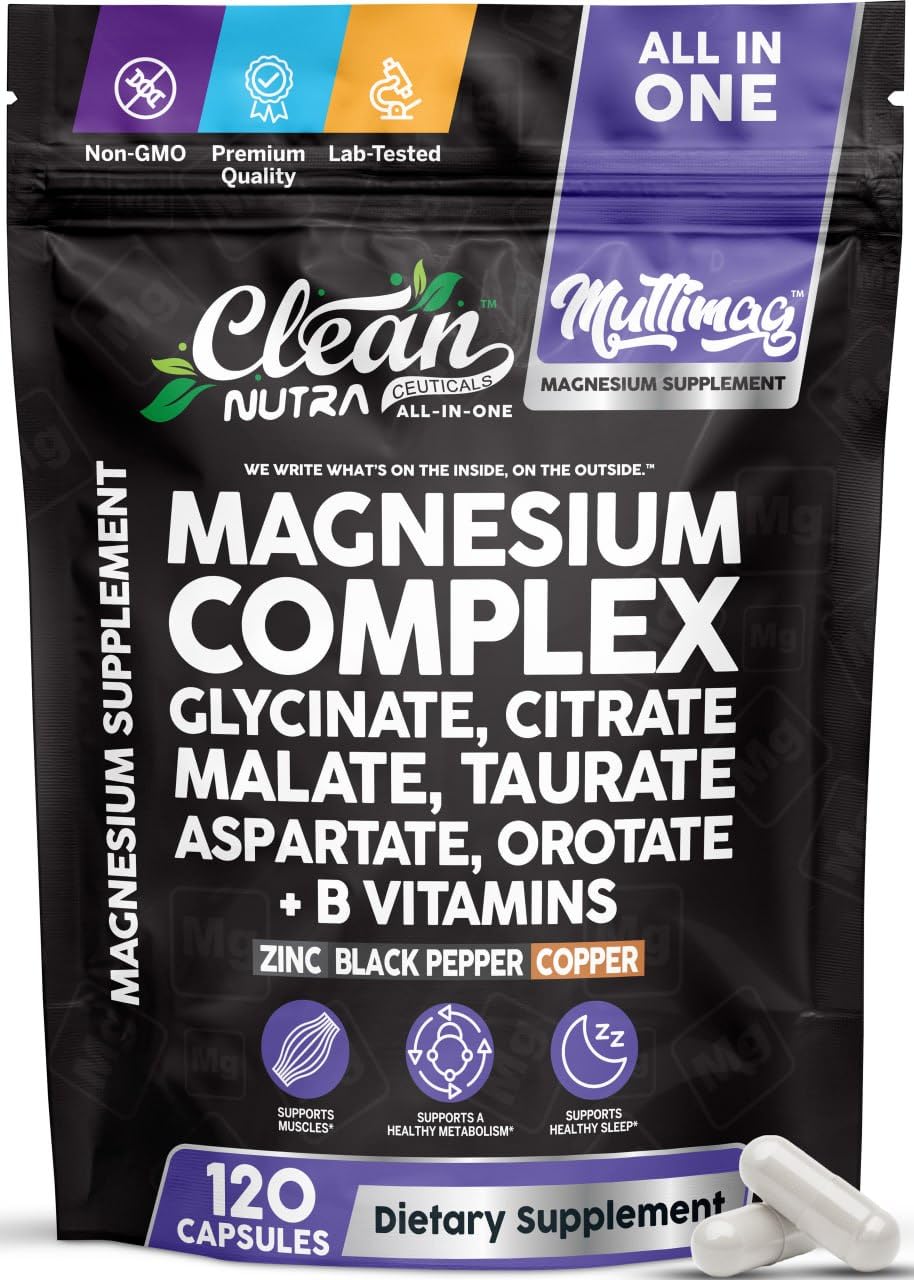 Clean Nutraceuticals Magnesium Complex with Magnesium Glycinate Citrate Malate Oxide Taurate Aspartate Orotate & Mag Chloride, Zinc Copper Manganese (120 Count (Pack of 1))