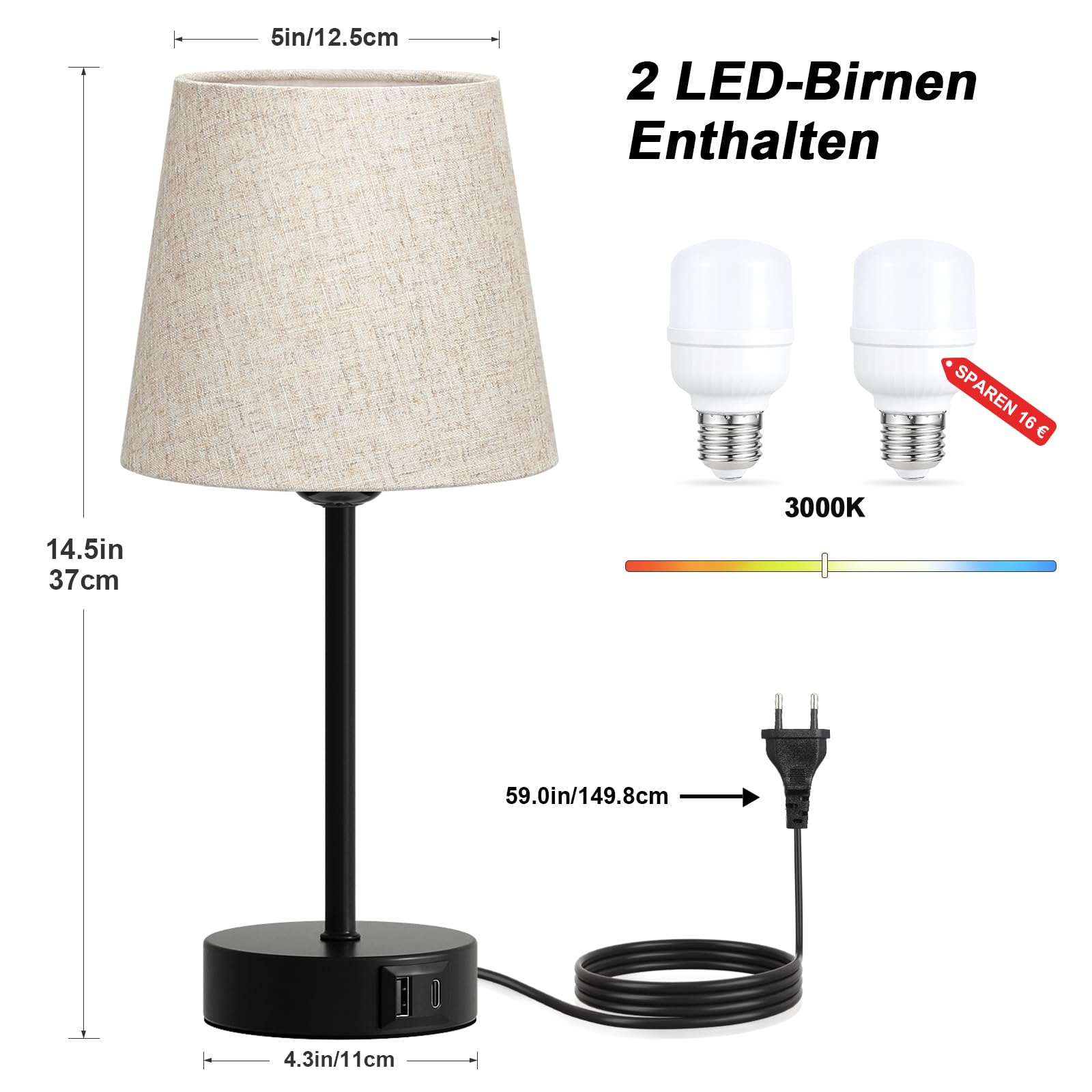Nachttischlampe Touch Dimmbar 2er Set, Tischlampe mit Ladefunktion USB A+C-Anschlüssen 2 LED Birnen, Leinen-Lampenschirm, Kleine Lampe für Schlafzimmer Wohnzimmer Babyzimmer Büro