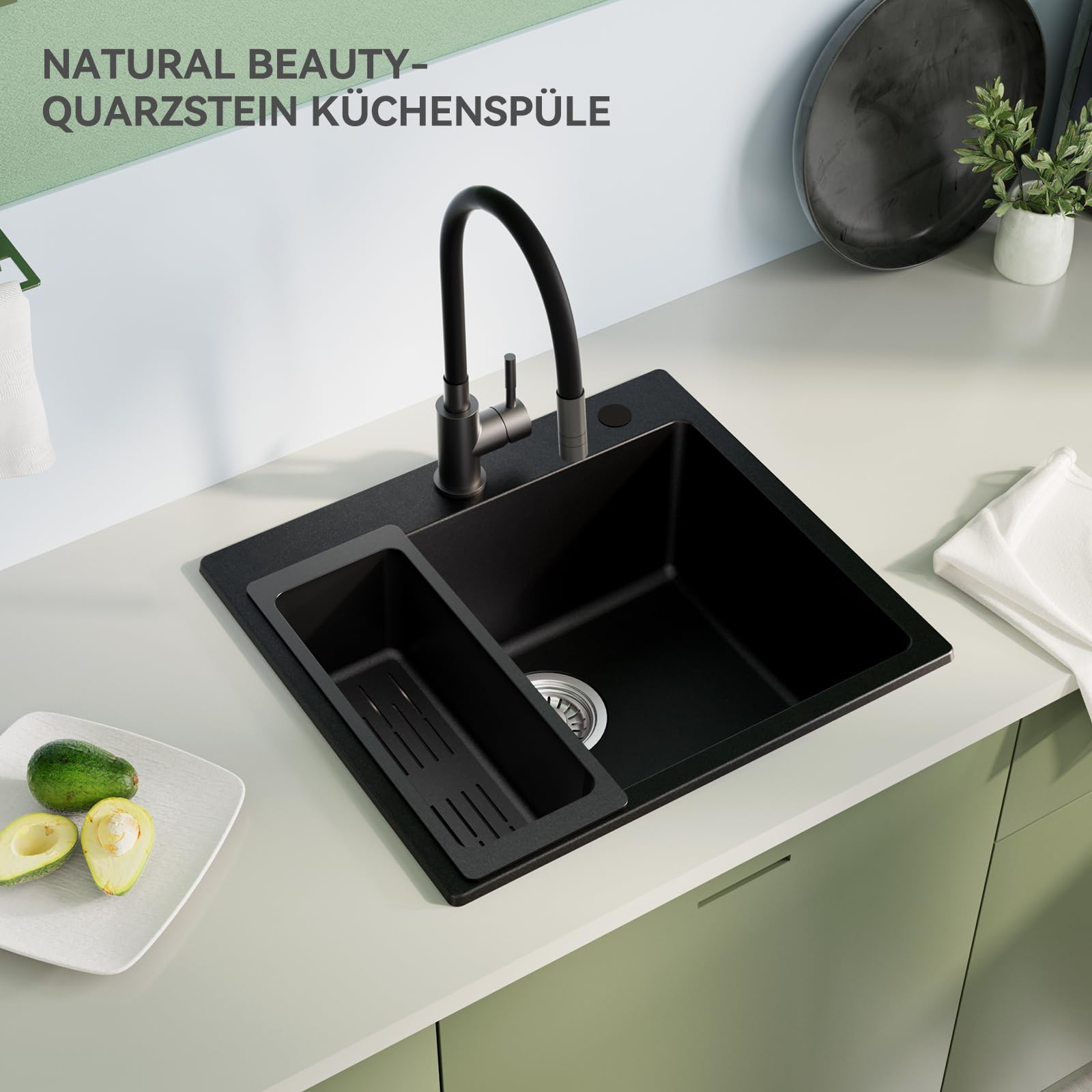 Küchenspüle Schwarz Granit 50x45cm, Spülbecken Küche Eckig, Moderne Einbauspüle Set mit 2 Hahnlöchern, Waschbecken Küche Schwarz, Spüle Küche, Granitspüle für Küchen, Hauswirtschaftsraum
