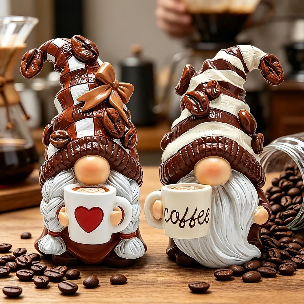 CLIUNT 2 Stück Kaffeezwerge, Kaffee Wichtel Deko, Schwedische Tomte, Coffee Bar Wichtel Figuren, Harz Frühling Wichtel Figuren Deko, Kaffee-Zwerge für Küche, Geschenkideen für Coffee-Liebhaber