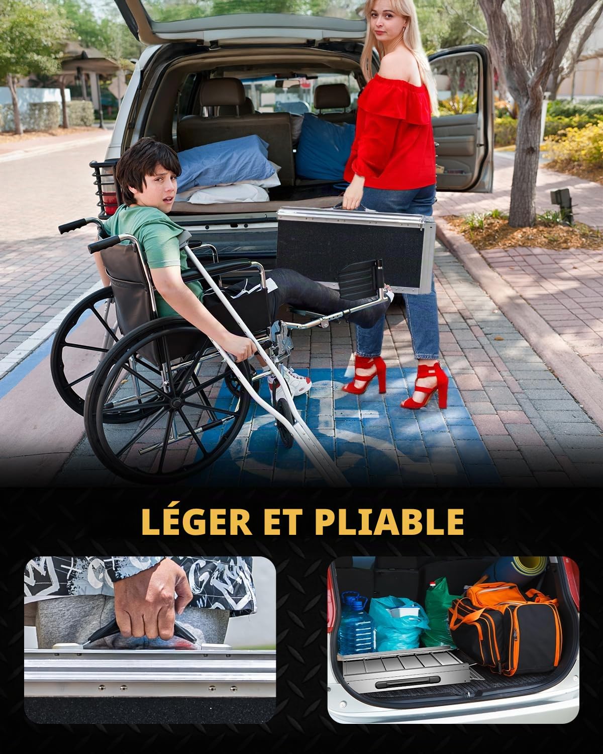 Rampe pour Fauteuil Roulant 61CM, Capacité 363KG, Rampe Pliante Antidérapante en Aluminium avec Surface en Carborundum pour Marches, Seuils, Trottoirs, Escaliers et Voitures