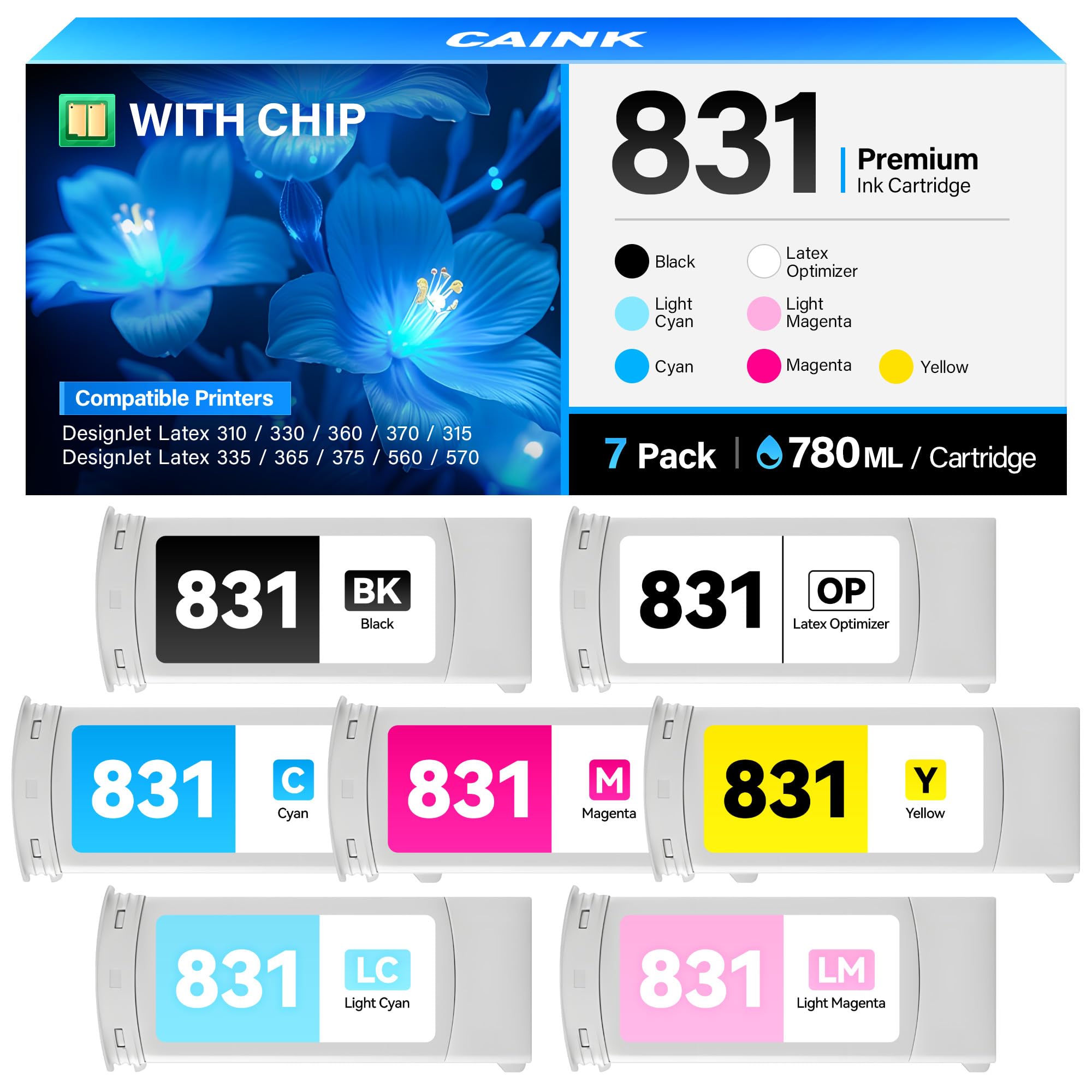 831 831A Ink Cartridge 780ml Set 7-Pack Replacement for HP 831 831A Ink CZ682A CZ683A CZ684A CZ685A CZ686A CZ687A CZ706A Compatible with DesignJet Latex 310 315 330 335 360 365 370 570 375 560 Printer